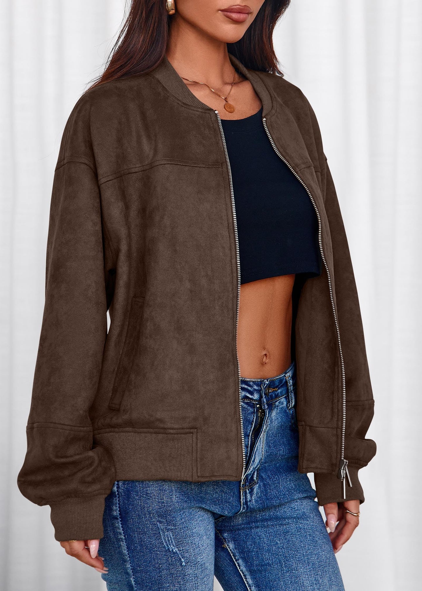 Lazysmile Women's Faux Suede Bomber Jackets Fall Fashion Outfits Winter Clothes Stand Collar Zip Up Coats Outwear with Pockets