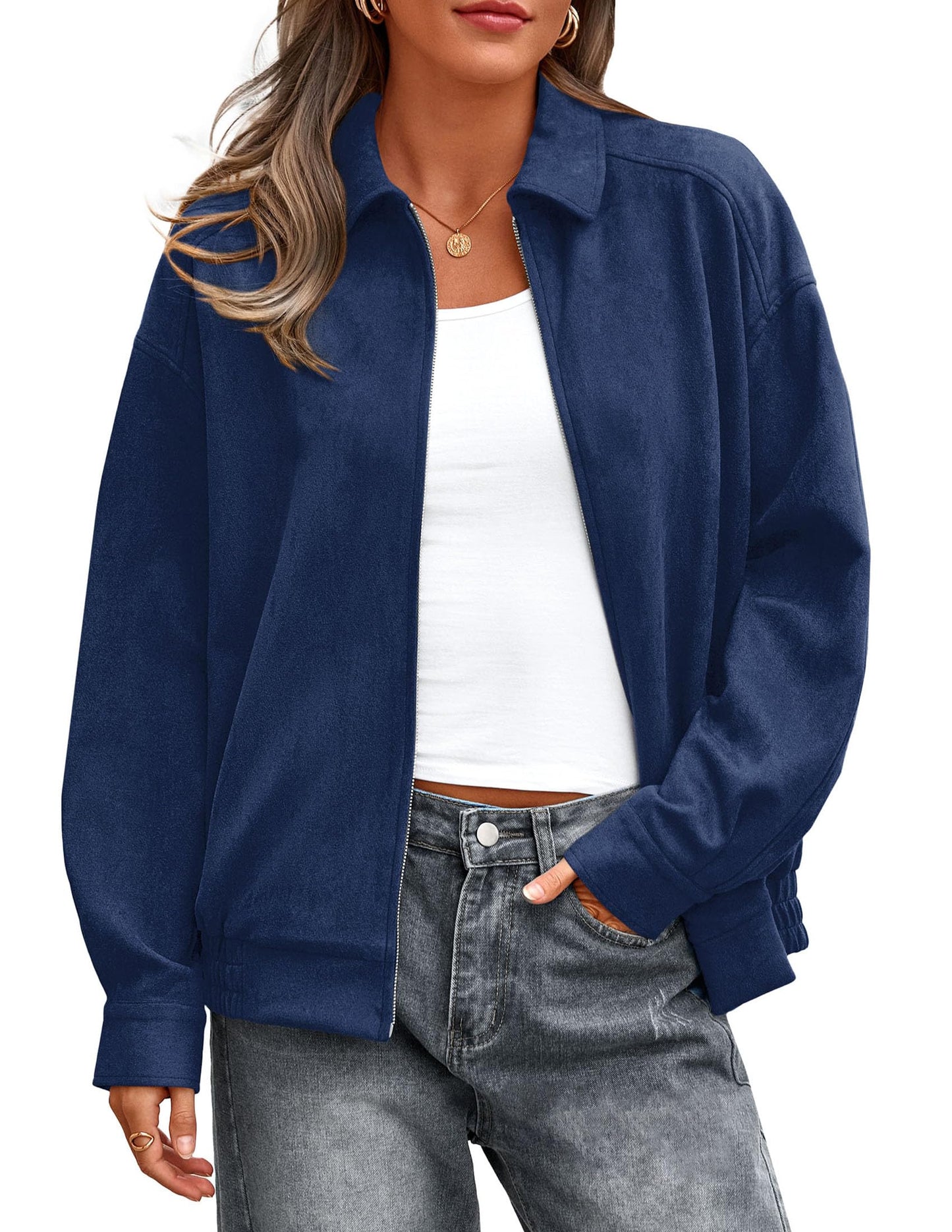 PRETTYGARDEN Faux Suede Bomber Jacket Women Fall Fashion 2026 Casual Zip Up Oversized Trendy Winter Clothing Outerwear Coats (Navy Blue,Small)