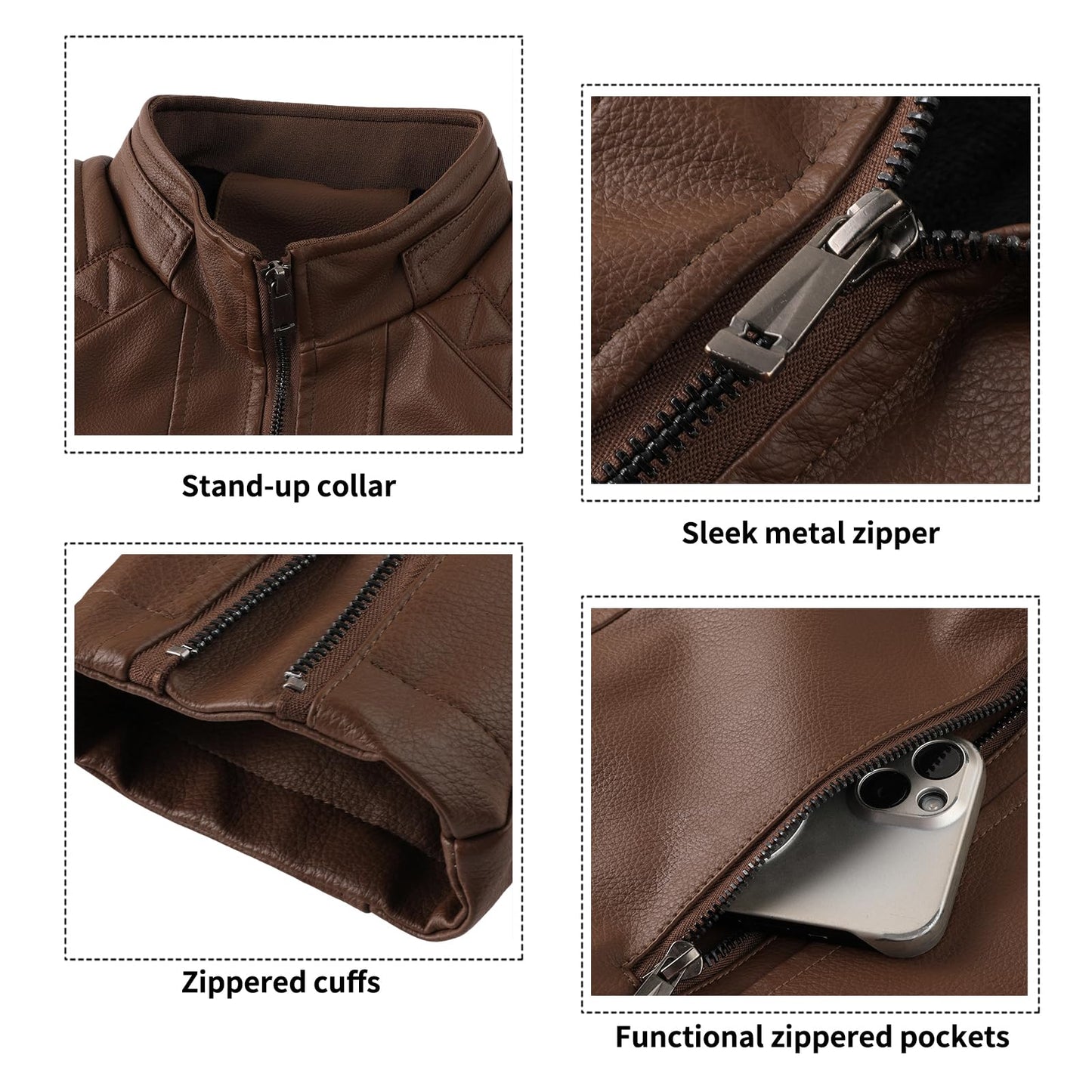 LEDUNTINO Men's Stand Collar Winter PU Faux Leather Jacket Fleece Lined Zip-Up Motorcycle Bomber Jacket Slim Fit Biker Coat Coffee Large