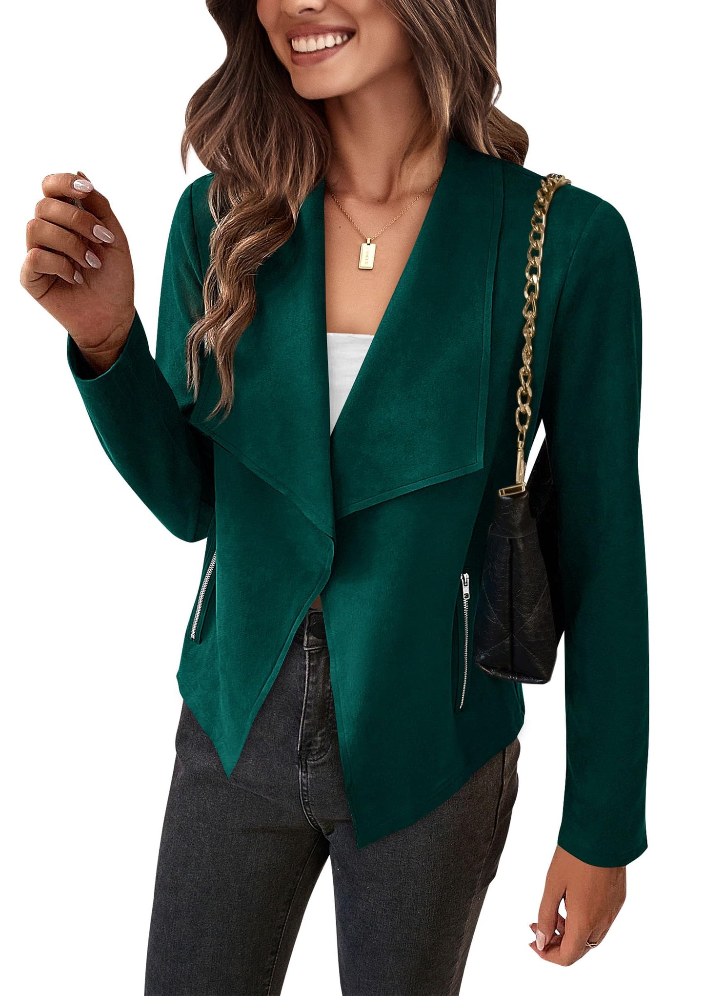 PRETTYGARDEN Women's Faux Suede Jackets 2026 Fashion Fall Clothes Long Sleeve Open Front Cropped Coat Outwear (Dark Green,Large)