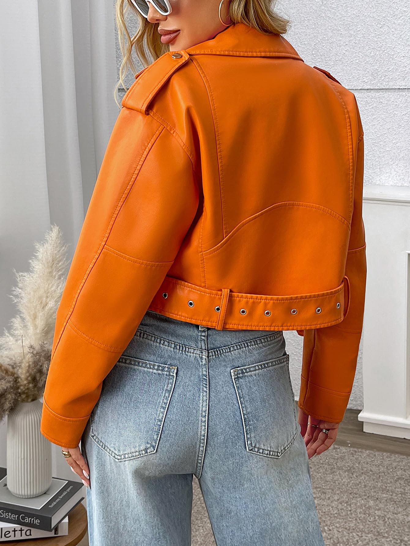 LY VAREY LIN Women Faux Leather Cropped Jacket Vegan Motor Biker Coat with Belt