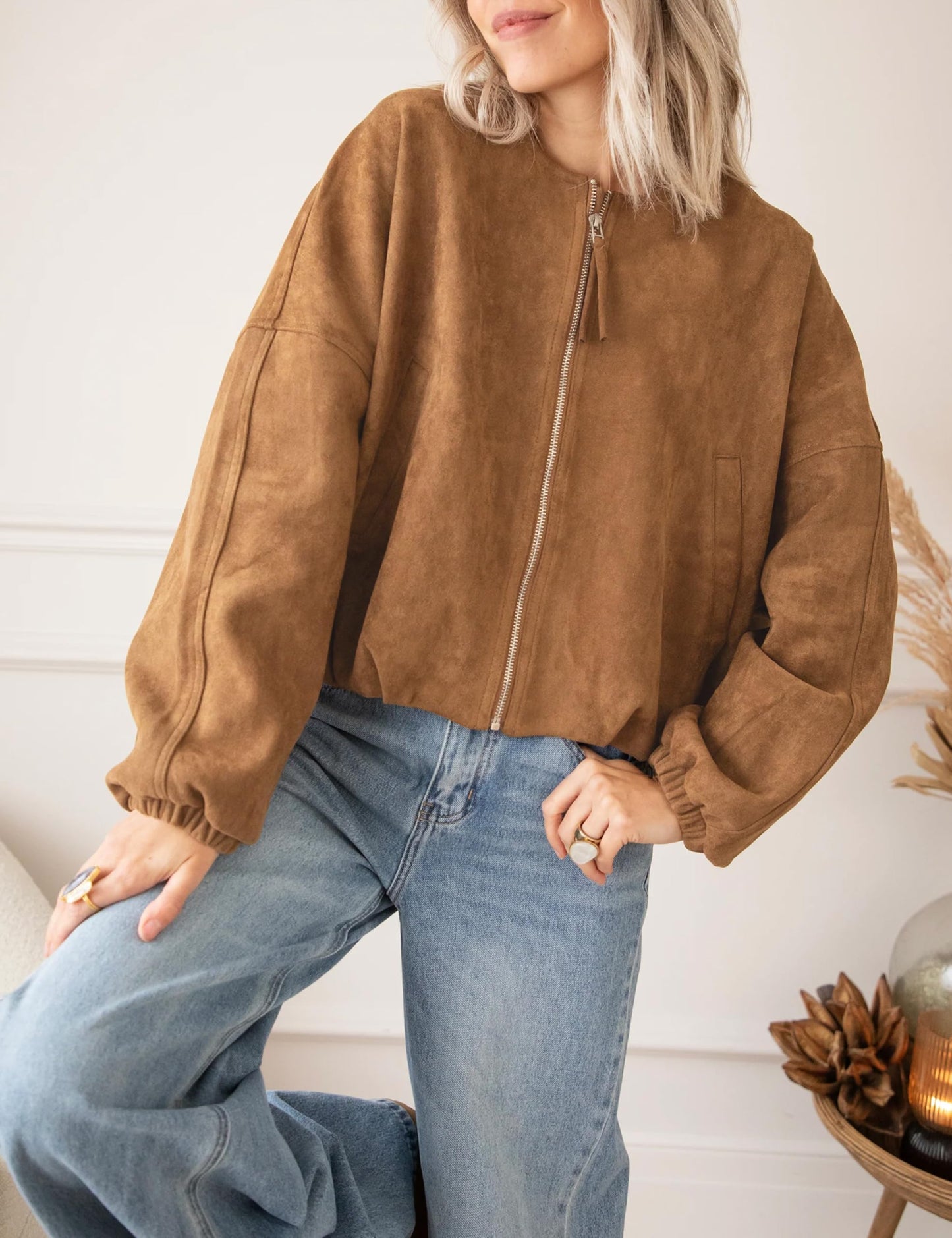 Tanming Womens Faux Suede Leather Jacket Casual Oversized Long Sleeve Zip Up Bomber Jackets Coats Outerwear(Brown-S)