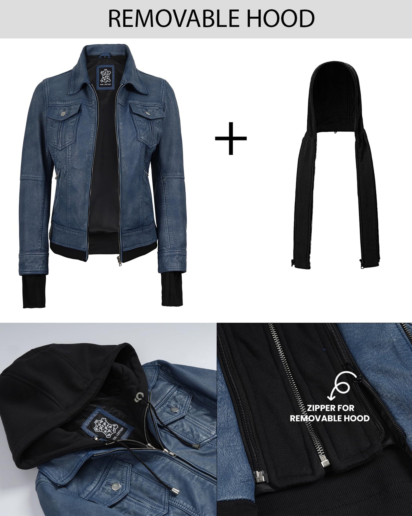 Decrum Leather Jacket With Hood - Leather Jacket With Hood | [1332716] Betty Washed Blue, XXL