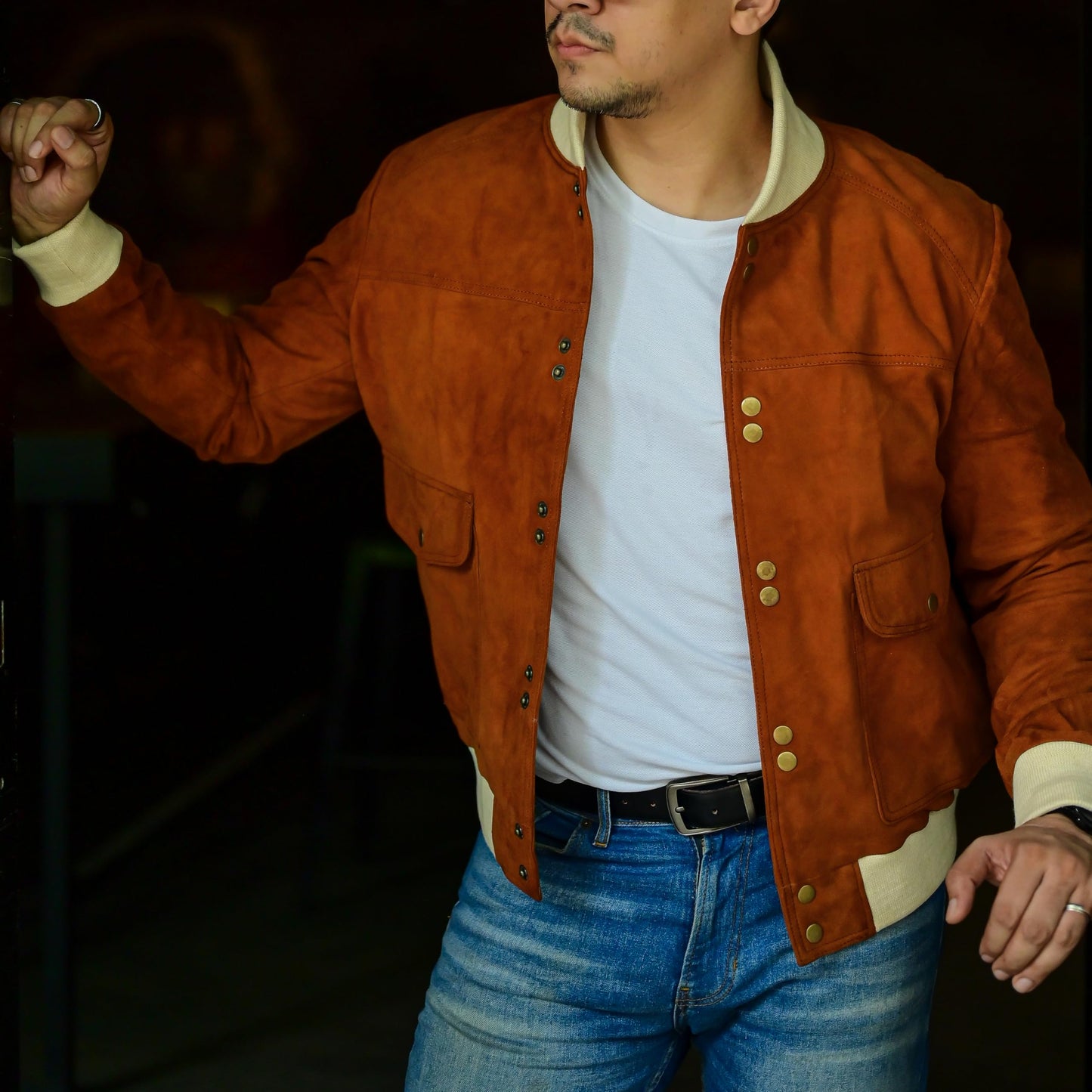 Jild Varsity Style Leather Bomber Jacket Men - Casual Fashion Real Suede Classic MA-1 Leather Jacket Men (SB-Tan-M)