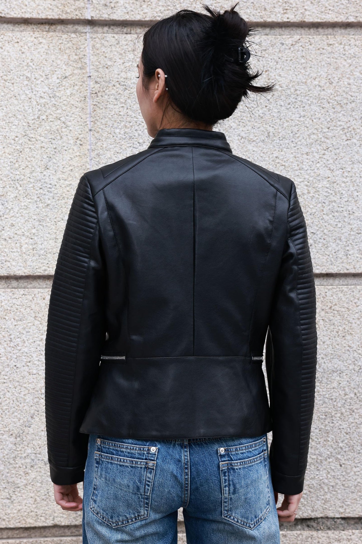 RISISSIDA Women Faux Leather Jacket,Premium Motorcycle Jacket,Vegan Pleather Fall Spring Fashion,Quilted Sleeves,Multi-Zipper Pockets,Asymmetrical Biker Style,Casual Stylish Coat Lapel Black 636 L