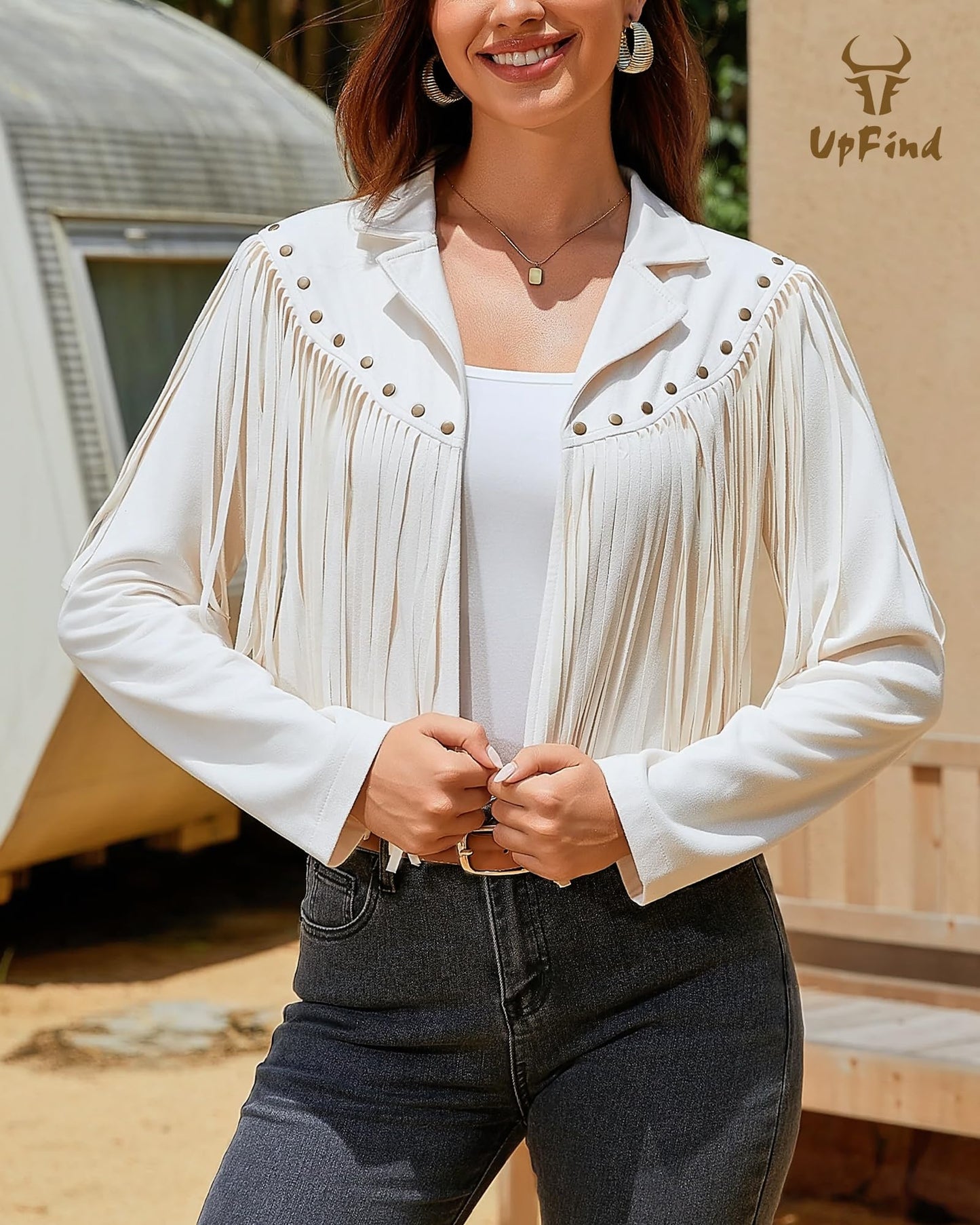 UpFind Women's Fringe Faux Suede Leather Jackets Fashion Fall Western Tassel Motorcycle Cropped Open Front Coats with Rivets, Beige/Medium