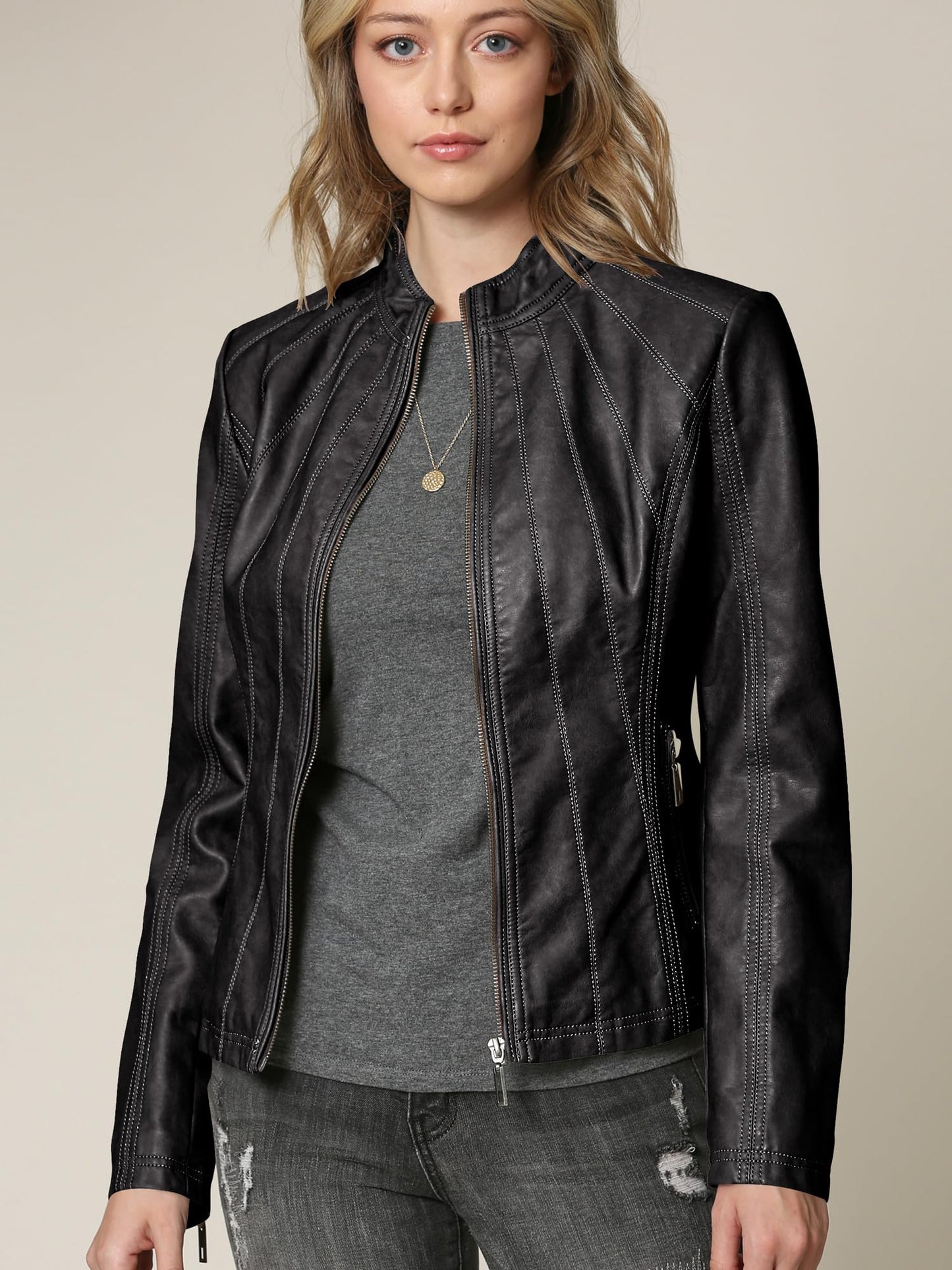 Made By Johnny MBJ WJC877 Womens Panelled Faux Leather Moto Jacket L Black