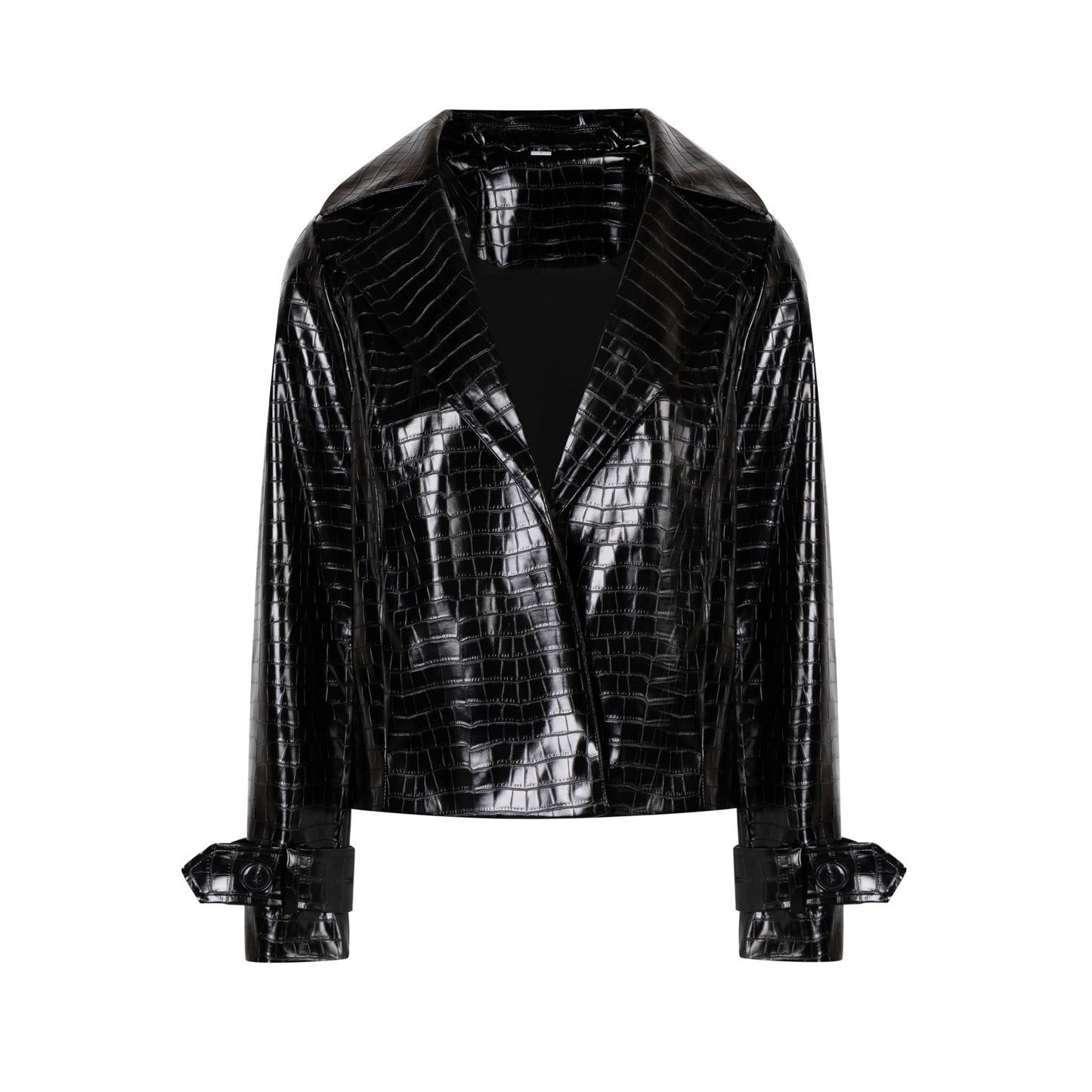 SS-Sunrise Fashion Crocodile Embossed Faux Leather Jacket, Burgundy,Black, Notched Collar, Belted Cuffs (Medium, Black)