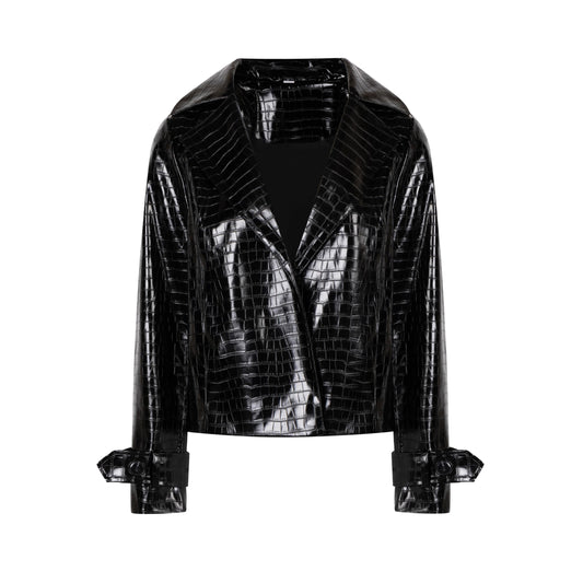 SS-Sunrise Fashion Crocodile Embossed Faux Leather Jacket, Burgundy,Black, Notched Collar, Belted Cuffs (Medium, Black)