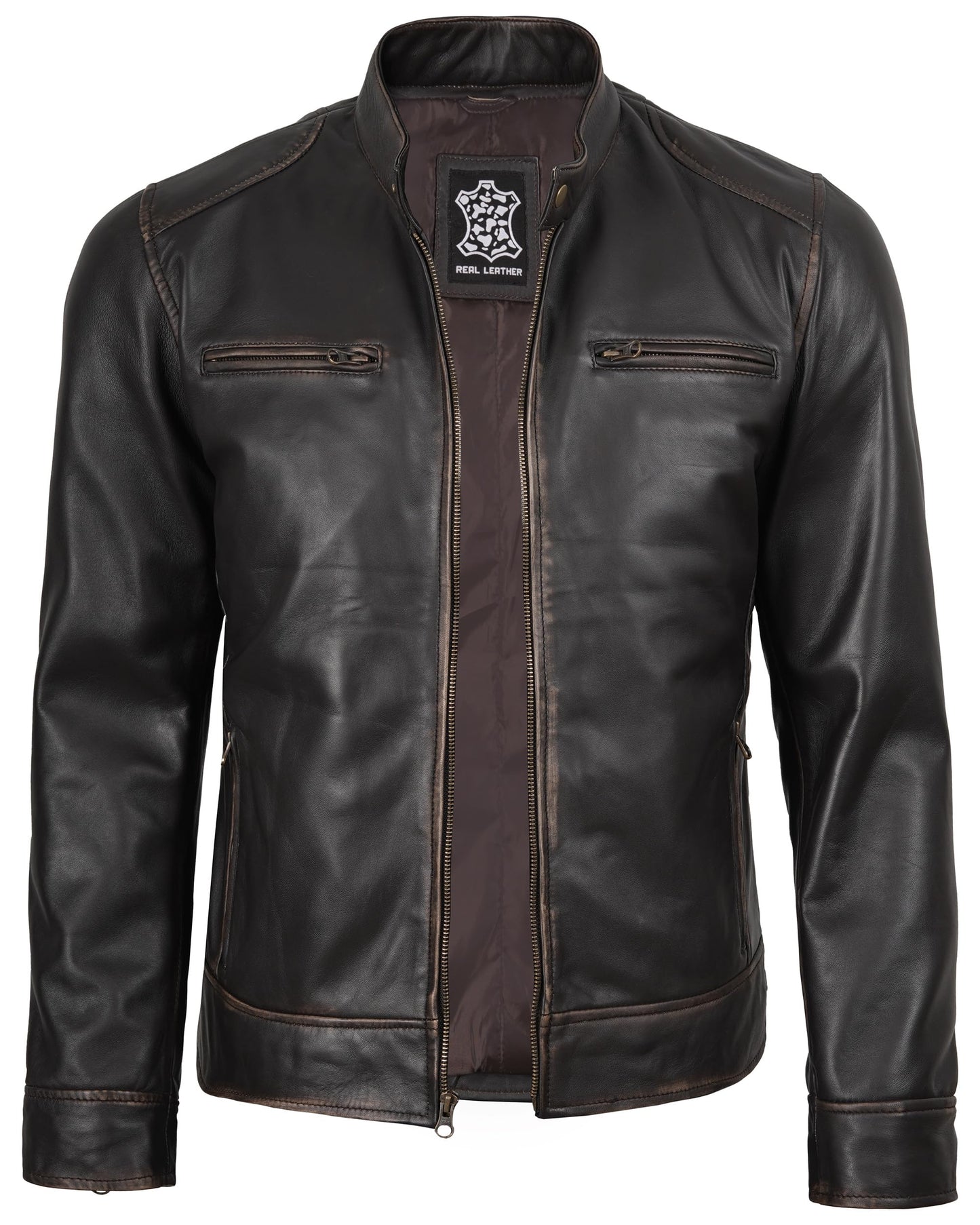 Decrum Distressed Brown Leather Jackets Mens - Men Big And Tall Leather Jacket | [1122963] Ddge Dark Brown, MT