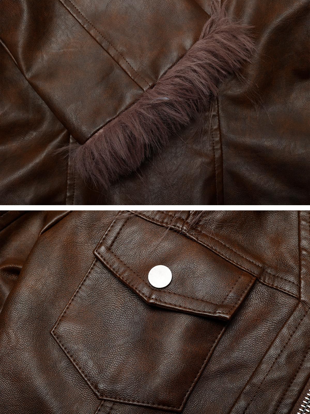Aelfric Eden Womens Leather Jacket Zipper Fashion Vintage Furry Paneled Faux Leather Coat