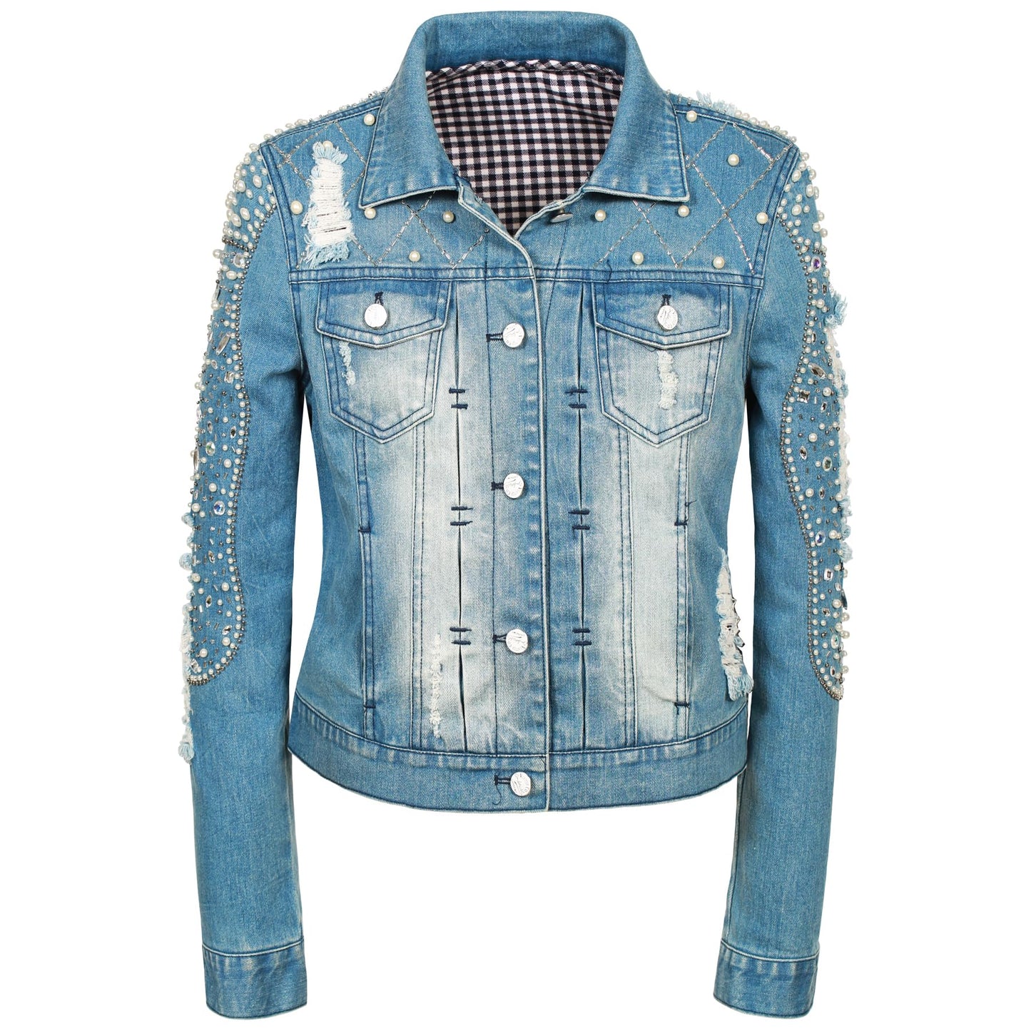 Fashion SX Women's pearl denim jacket, handmade beaded short bridal sequin jacket, motorcycle bicycle jacket(XL-Blue)