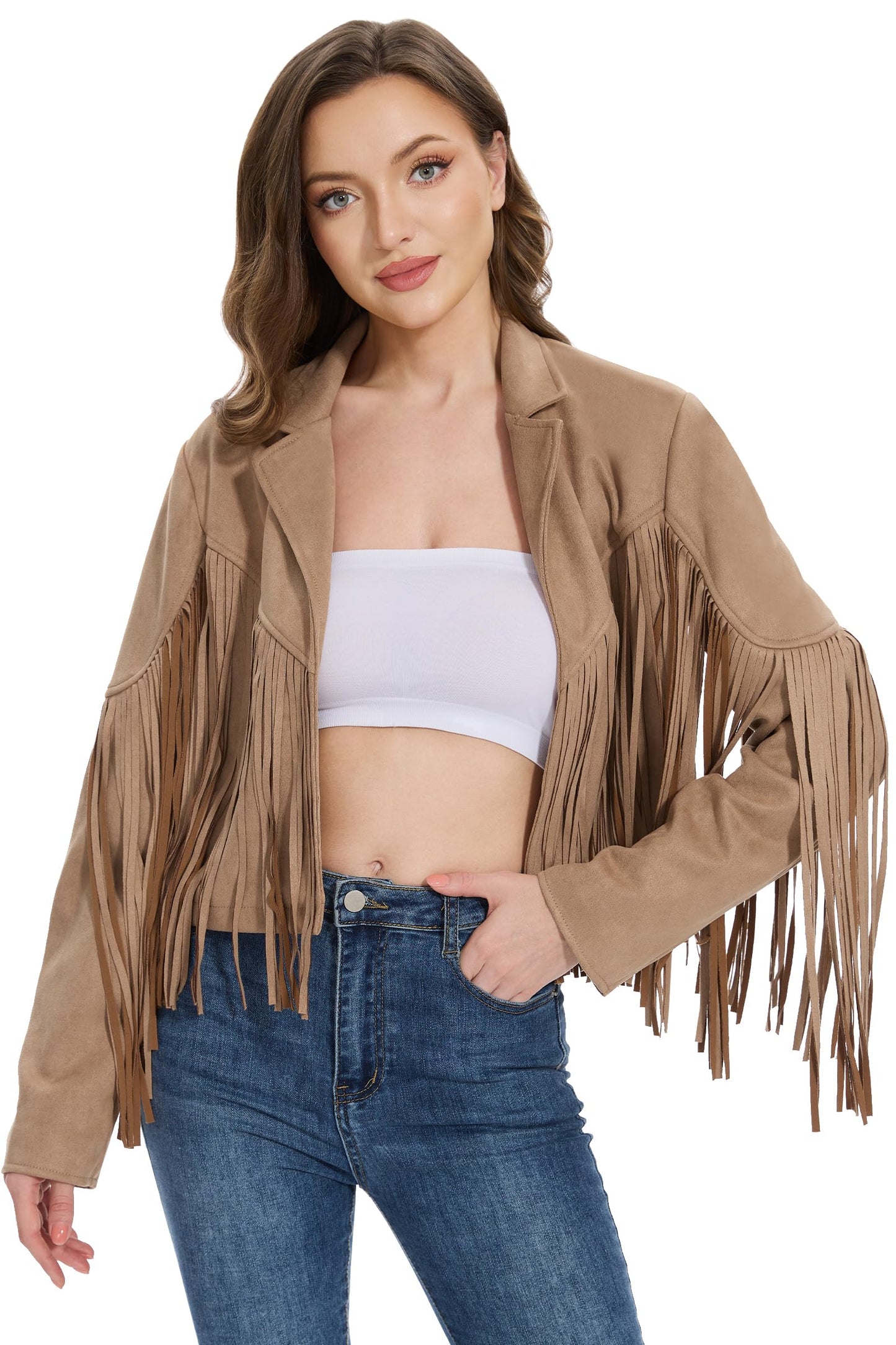 Fahsyee Fringe Leather Jacket Women, Western Cowgirl Outfits for Women Country Concert Wear Suede Cropped Coat Camel S