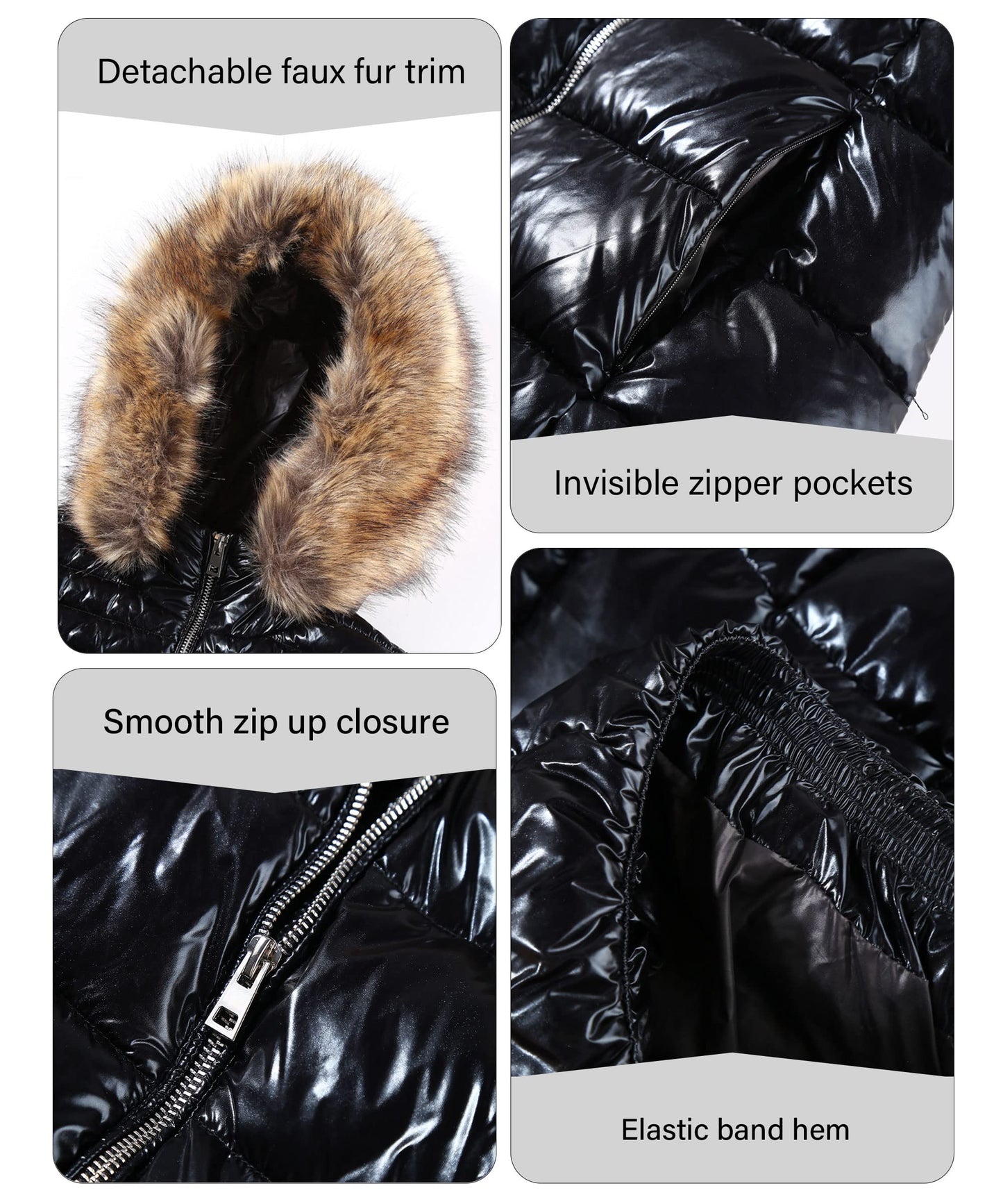 Bellivera Women's Puffer Jacket Warm Coat Hooded with Fur Collar 7695 Black XL