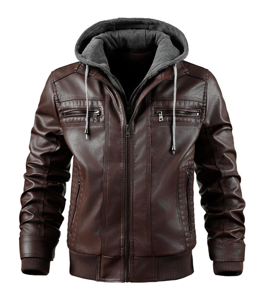 INVACHI Men's Leather Jacket Motorcycle Bomber Jacket Windproof PU Vintage Jacket with Removable Hood (US, Alpha, Large, Regular, Regular, Coffee)