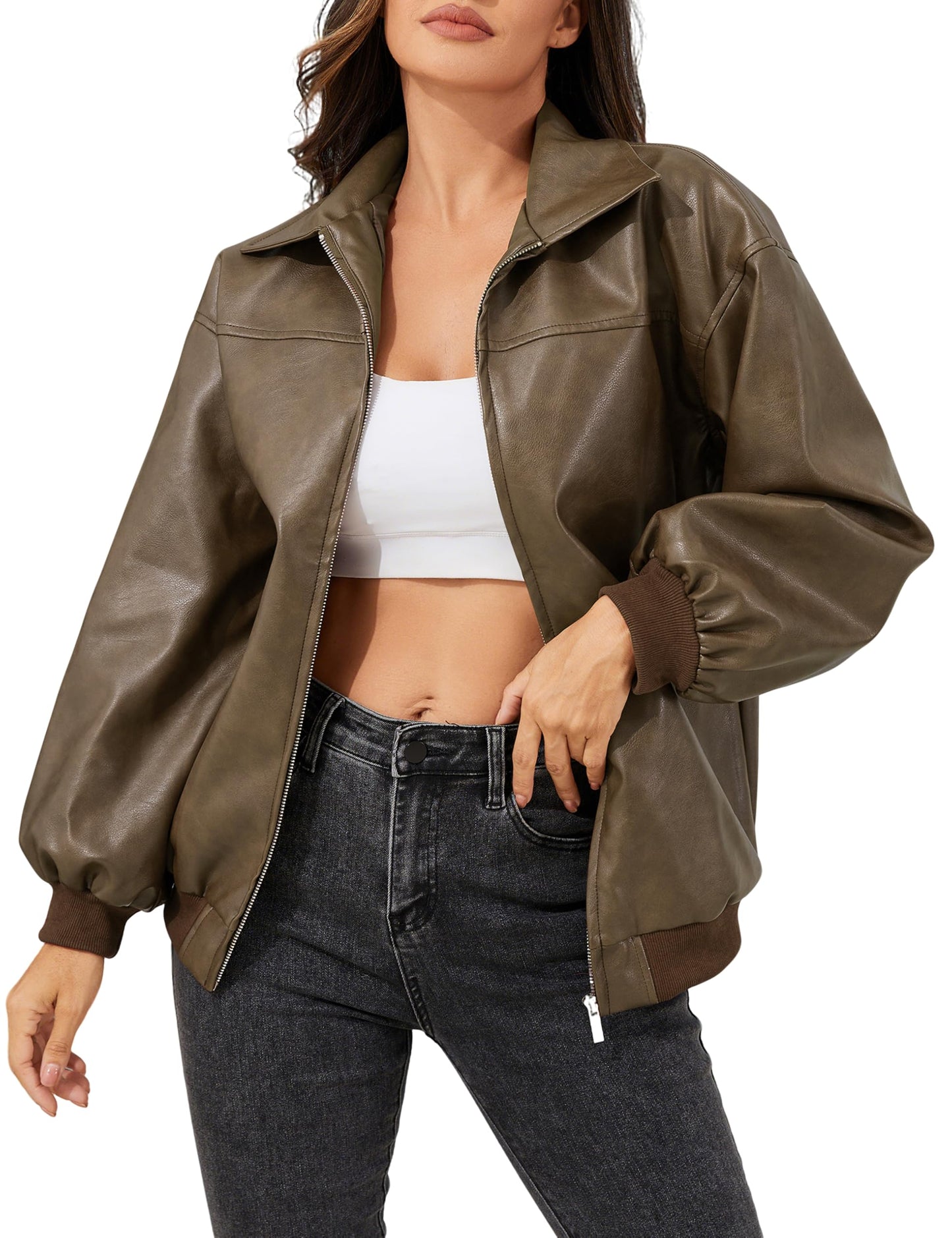 KWSTAIN Brown Leather Jacket for Women Bomber Autumn Winter Vintage Washed Faux Leather Long Lantern Sleeve Streetwear (Brown,L)