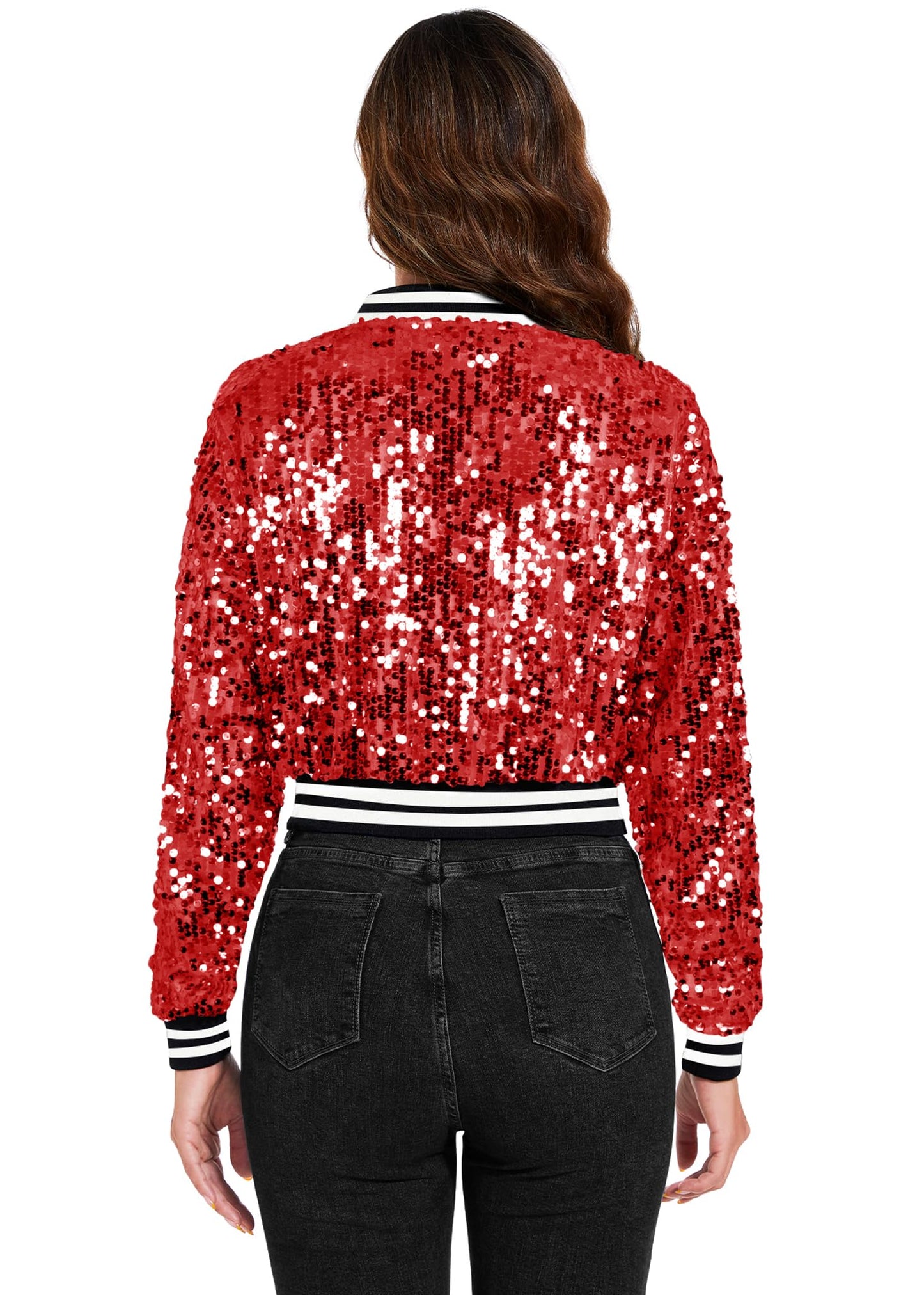 Anna-Kaci Women's Sparkly Sequin Cropped Jacket Long Sleeve Zipper Up Party Club Bomber Jacket, Red, X-Large