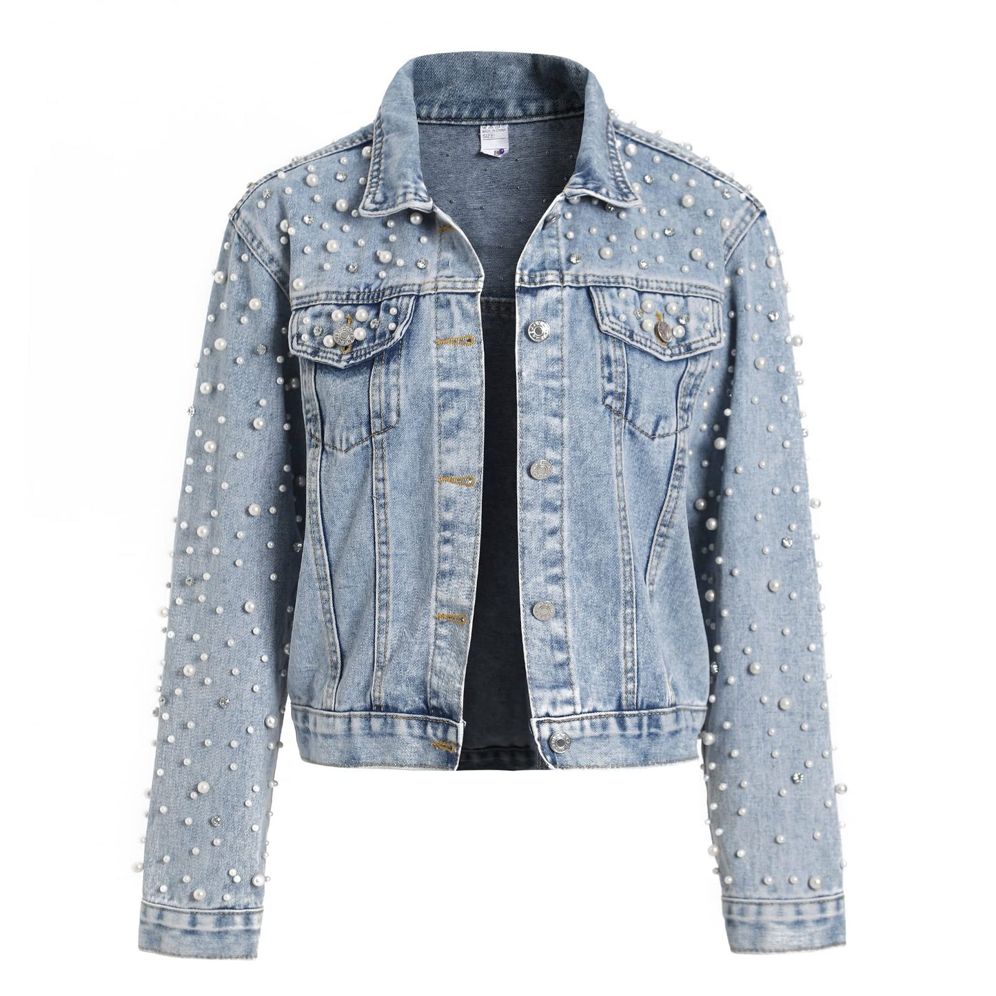 LifeShe Women's Pearls Denim Jacket Cropped Rhinestones Jean Jacket Coat