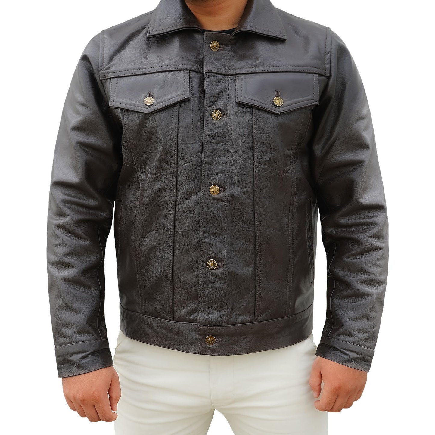 PPE FIT Real Lambskin Vintage Trucker Jacket Men - Motorcycle Fashion Leather Jacket Men,Shirt Collar Jackets For Mens (3XL, Dark Brown)