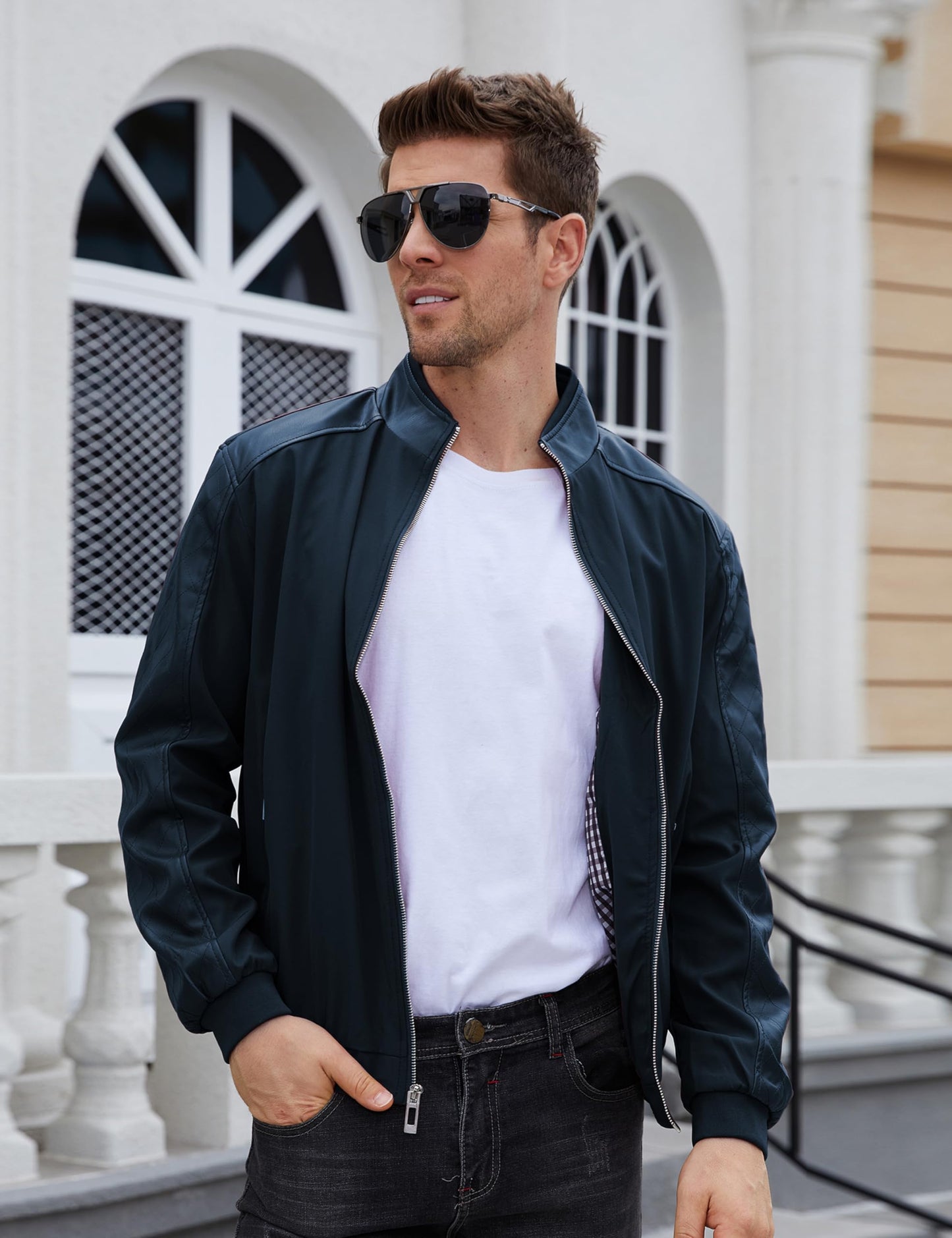 Tanming Men's Casual Slim Fit Lightweight Zip Up Softshell Bomber Jacket (XX-Large, Blue)