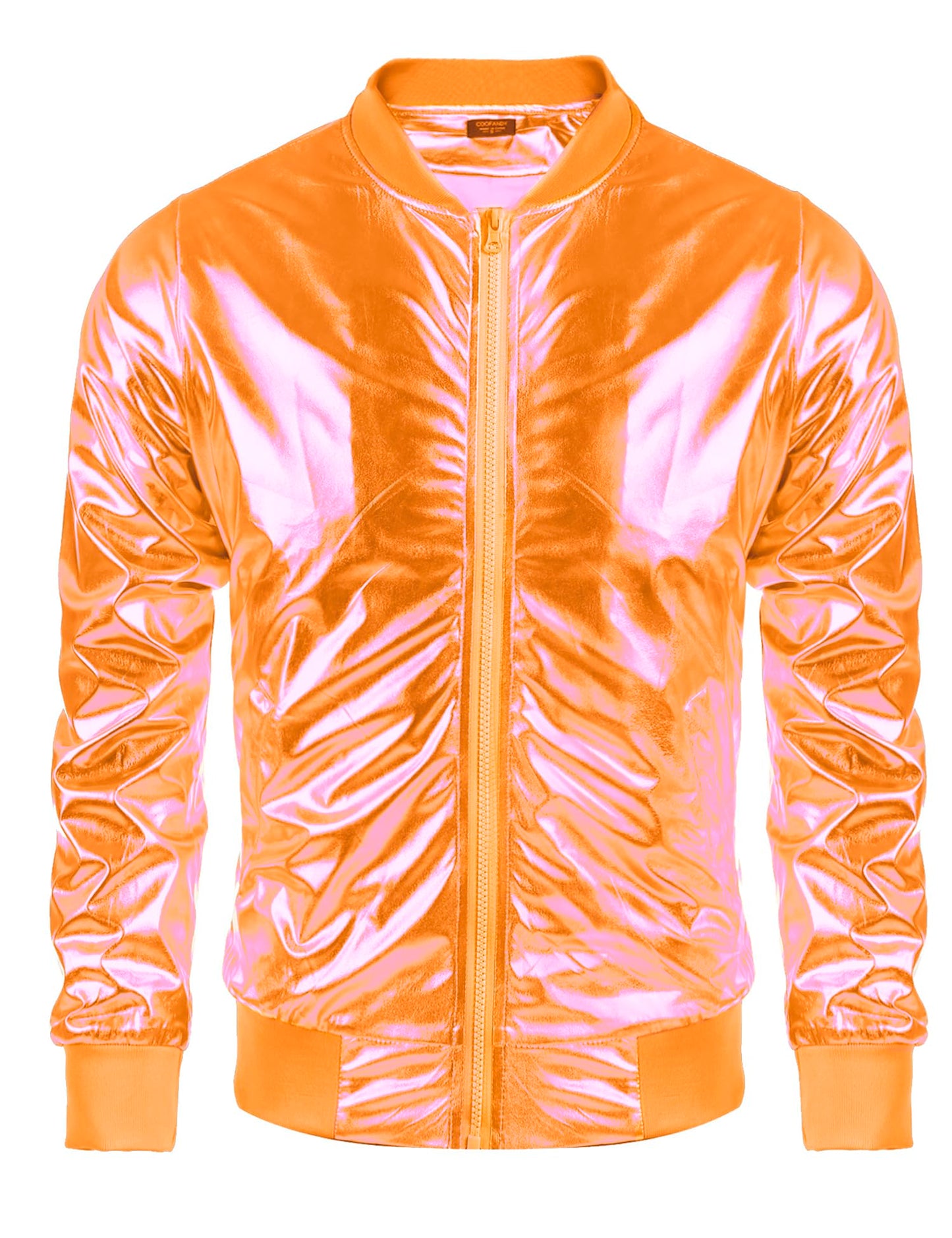 COOFANDY Men's Metallic Jacket 70s Disco Dance Party Costume Shiny Varsity Zipper Baseball Bomber Jacket,Orange,L