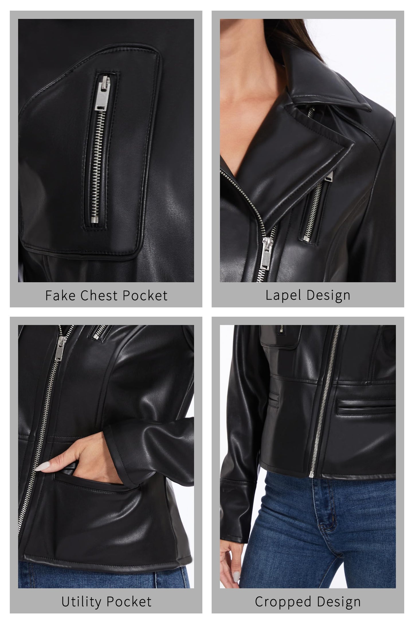 Fahsyee Women's Faux Leather Jackets - Moto Biker Motocycle PU Zipper Coat Lightweight Blazer Vegan Black M