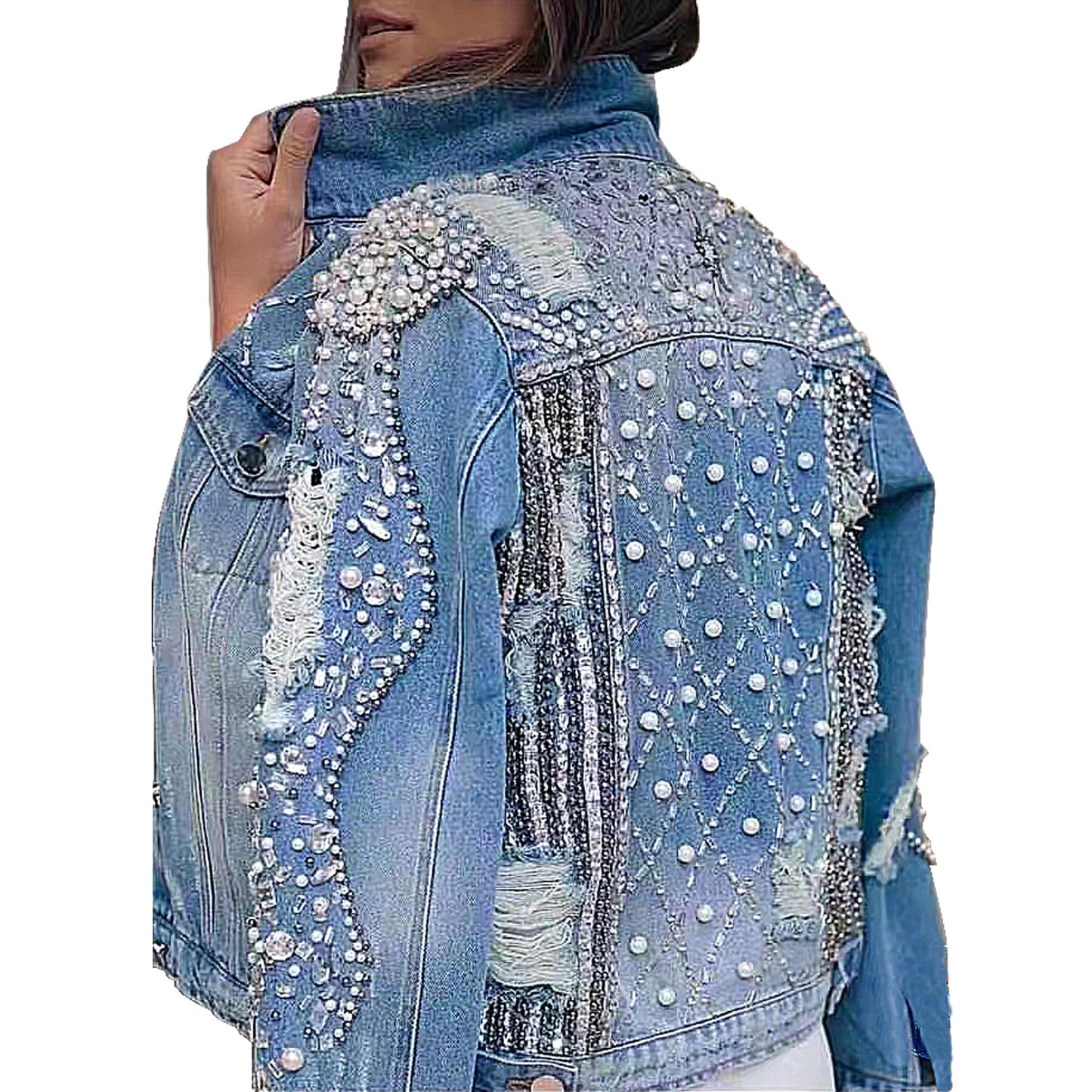 Fashion SX Women's pearl denim jacket, handmade beaded short bridal sequin jacket, motorcycle bicycle jacket(XL-Blue)