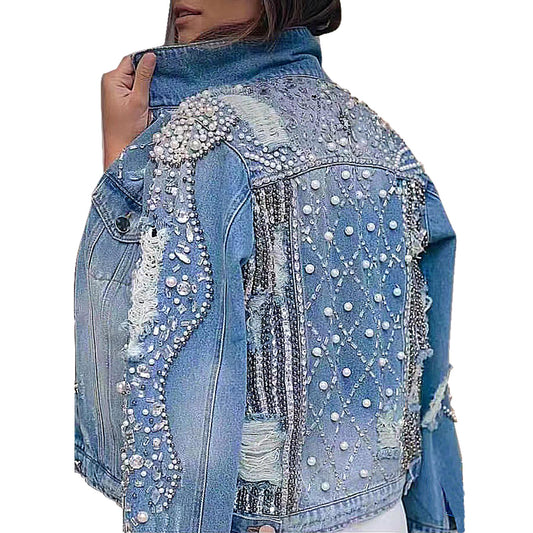 Fashion SX Women's pearl denim jacket, handmade beaded short bridal sequin jacket, motorcycle bicycle jacket(XL-Blue)