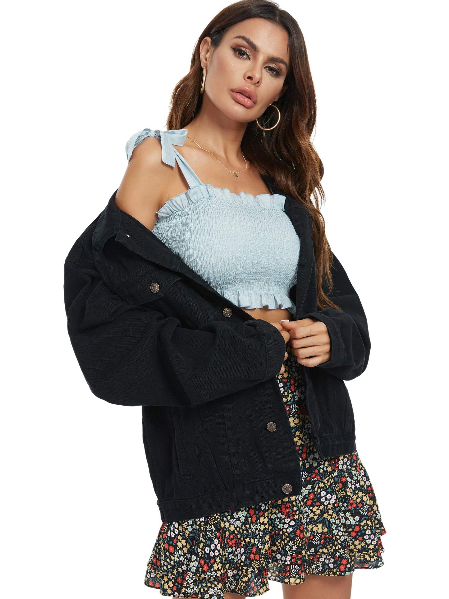 Just Quella Jean Jacket Women Black Oversized Denim Jacket (L, Black)