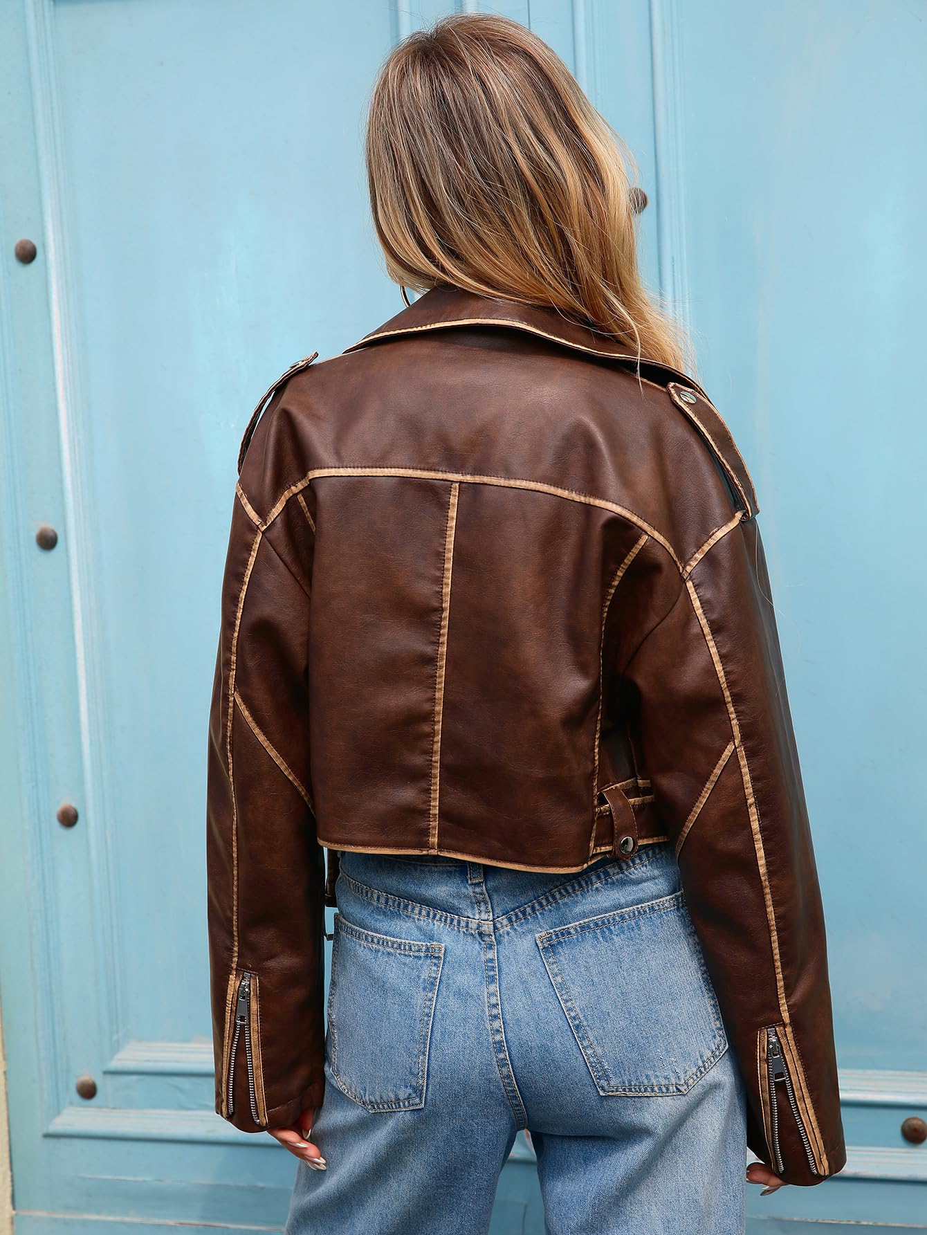LY VAREY LIN Women Faux Leather Cropped Jacket Vegan Motor Biker Coat with Belt