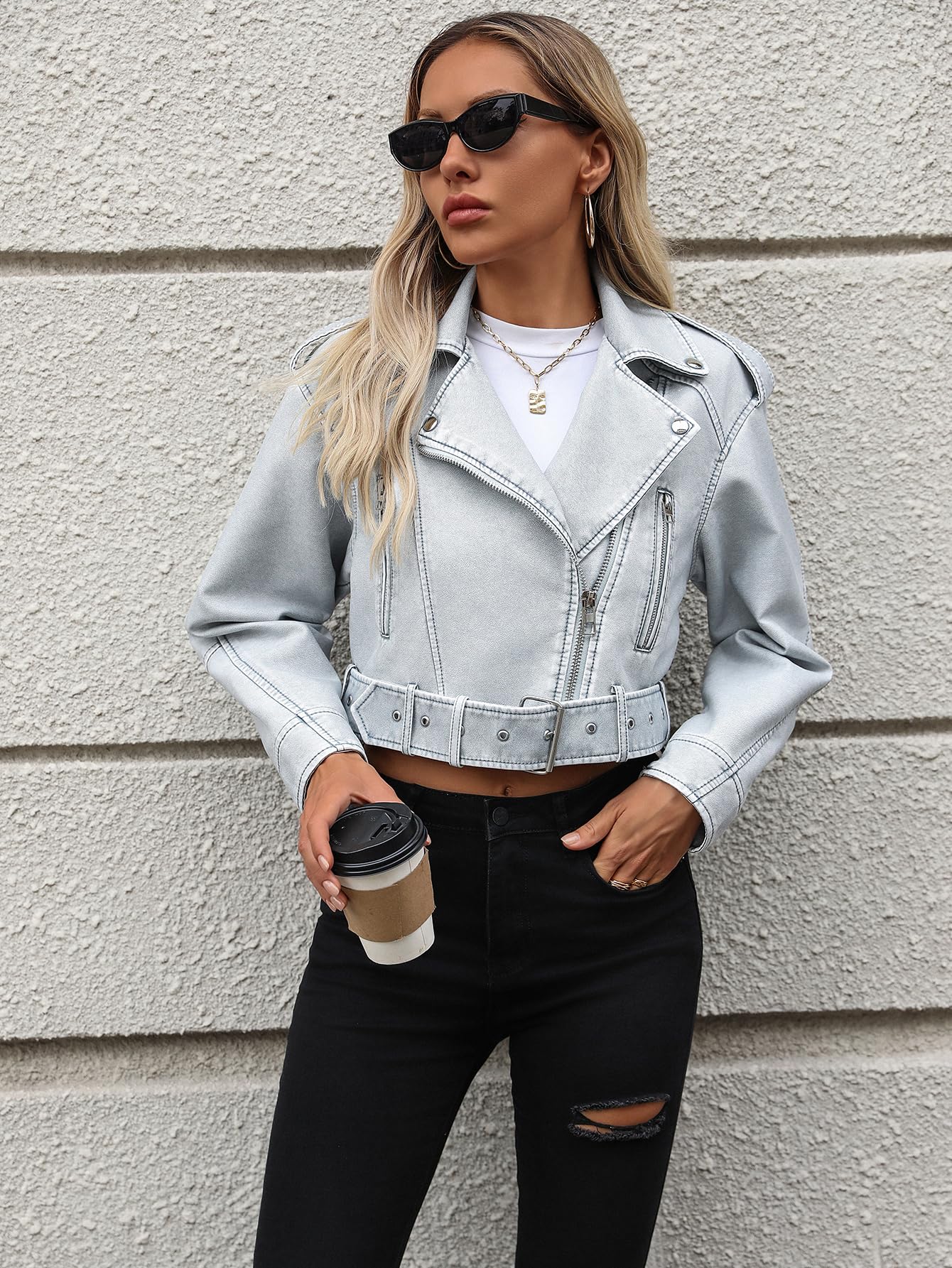 LY VAREY LIN Women Faux Leather Cropped Jacket Casual Bomber Biker Short Coat with Belt(Blue,M)