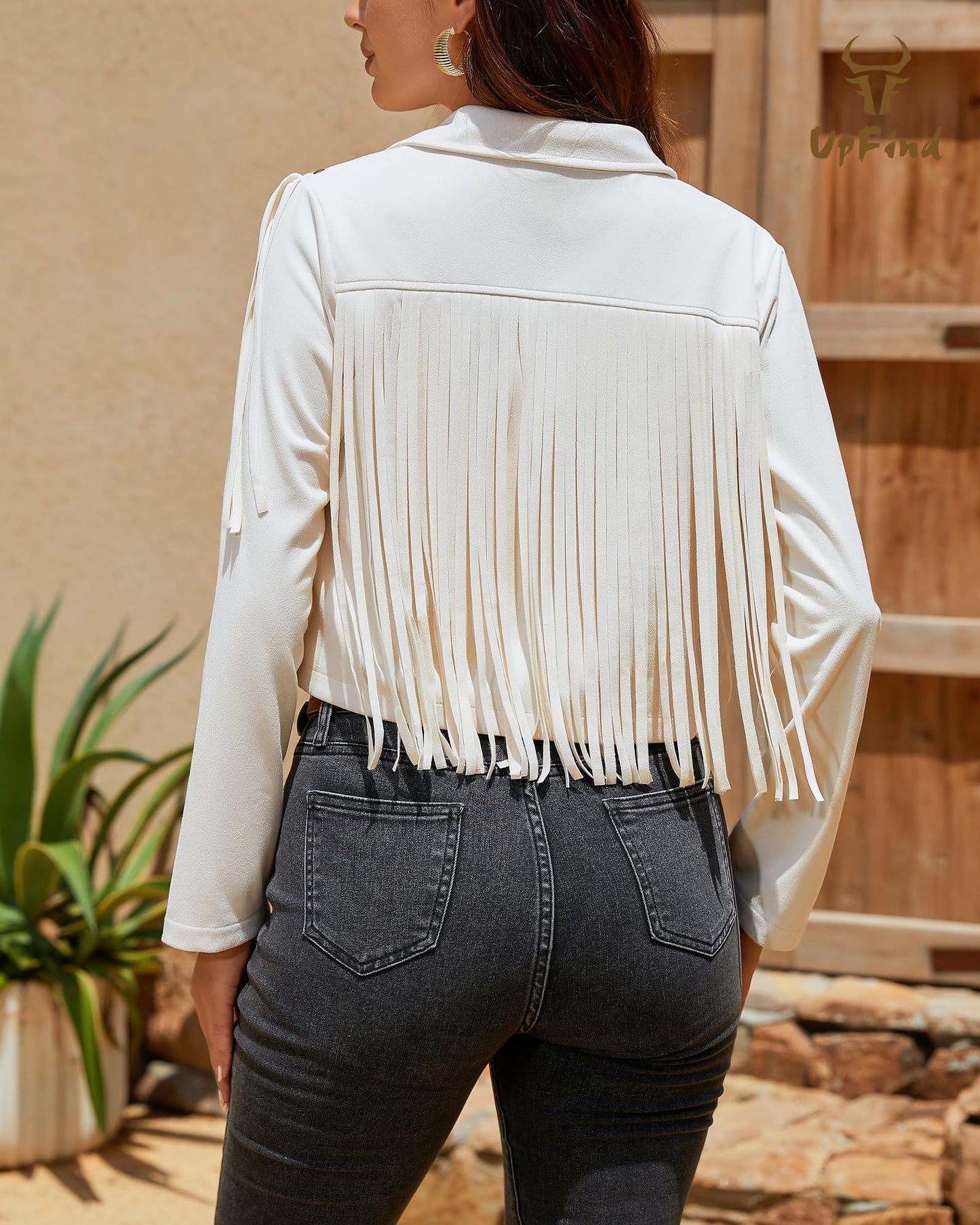 UpFind Women's Fringe Faux Suede Leather Jackets Fashion Fall Western Tassel Motorcycle Cropped Open Front Coats with Rivets, Beige/Medium