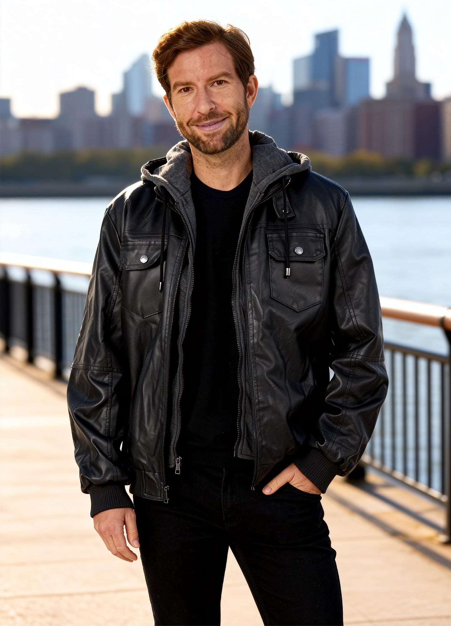 Wantdo Men's Faux Leather Motorcycle Jacket Slim Fit Warm Winter Jackets with Removable Hood Black Large