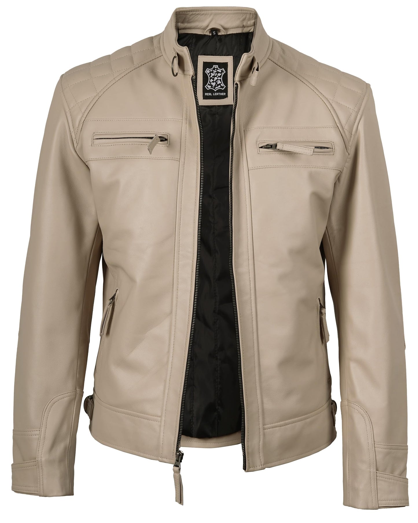 fjackets Real Lambskin Leather Jackets For Mens — Moto Quilted Cafe Racer Zip Up Moto Leather Jacket Men | [1124214] Johnson Beige, L