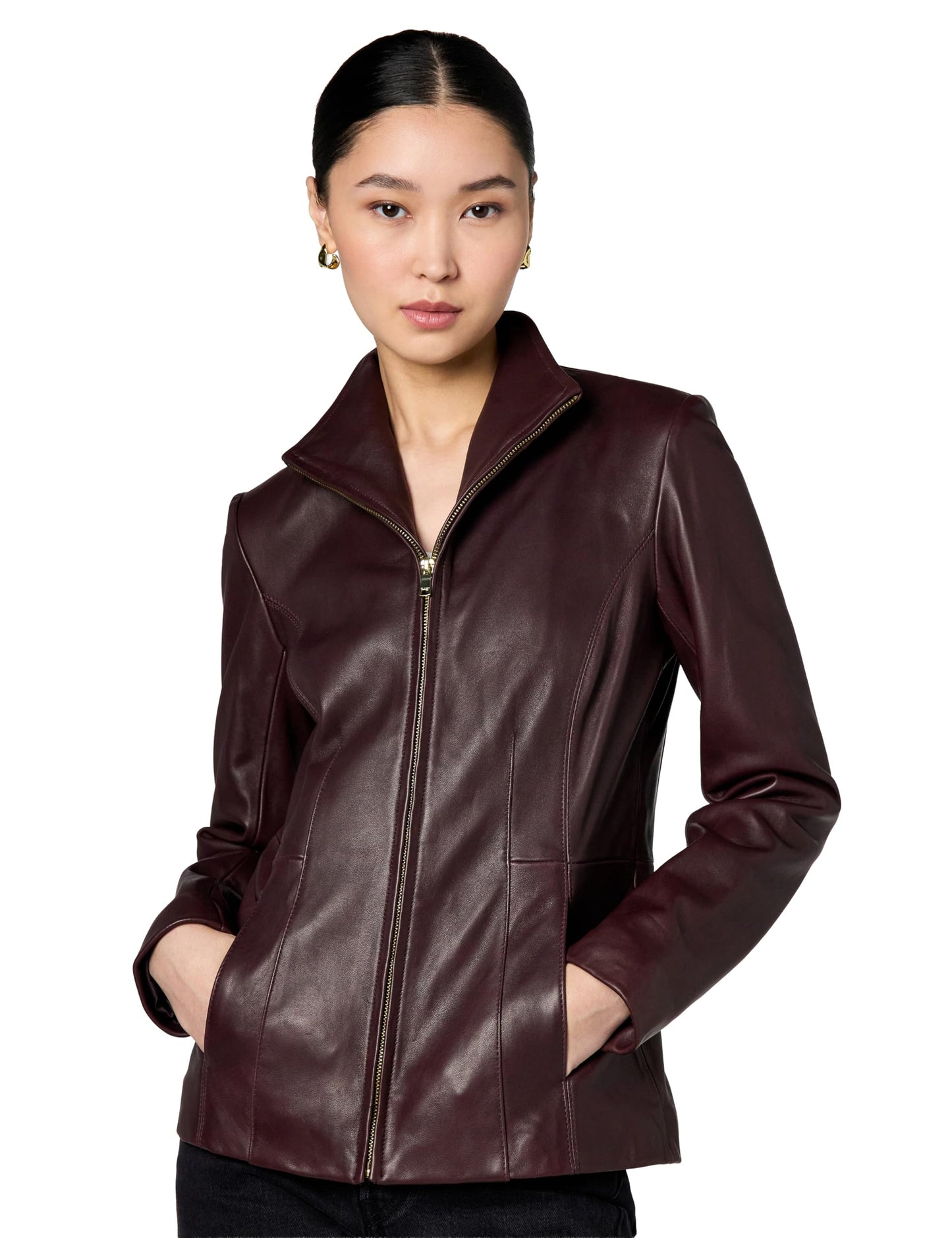 Cole Haan Women's Leather Wing Collared Jacket, Chianti, Small