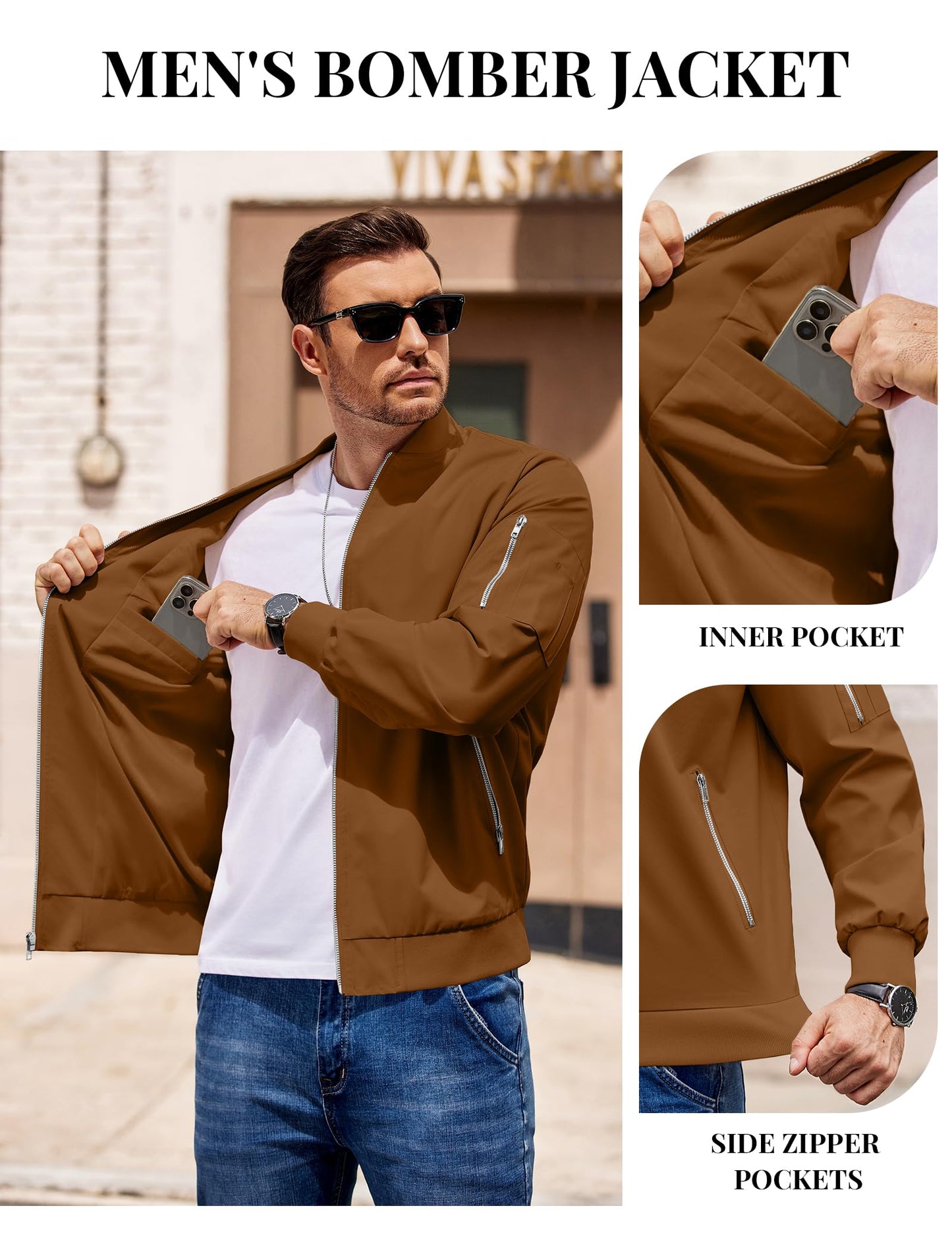 COOFANDY Windbreaker Jackets For Men Casua Stand Collar Bomber Jacket Brown Spring Fall Zip Up Light Coat Outerwear 3XL