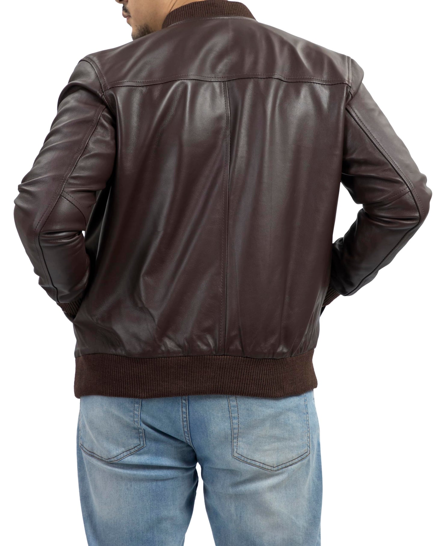 Jild Varsity Style Leather Bomber Jacket Men - Genuine Lambskin Men's Casual Fashion Classic MA-1 Leather Jacket (Rib-Brn-M)