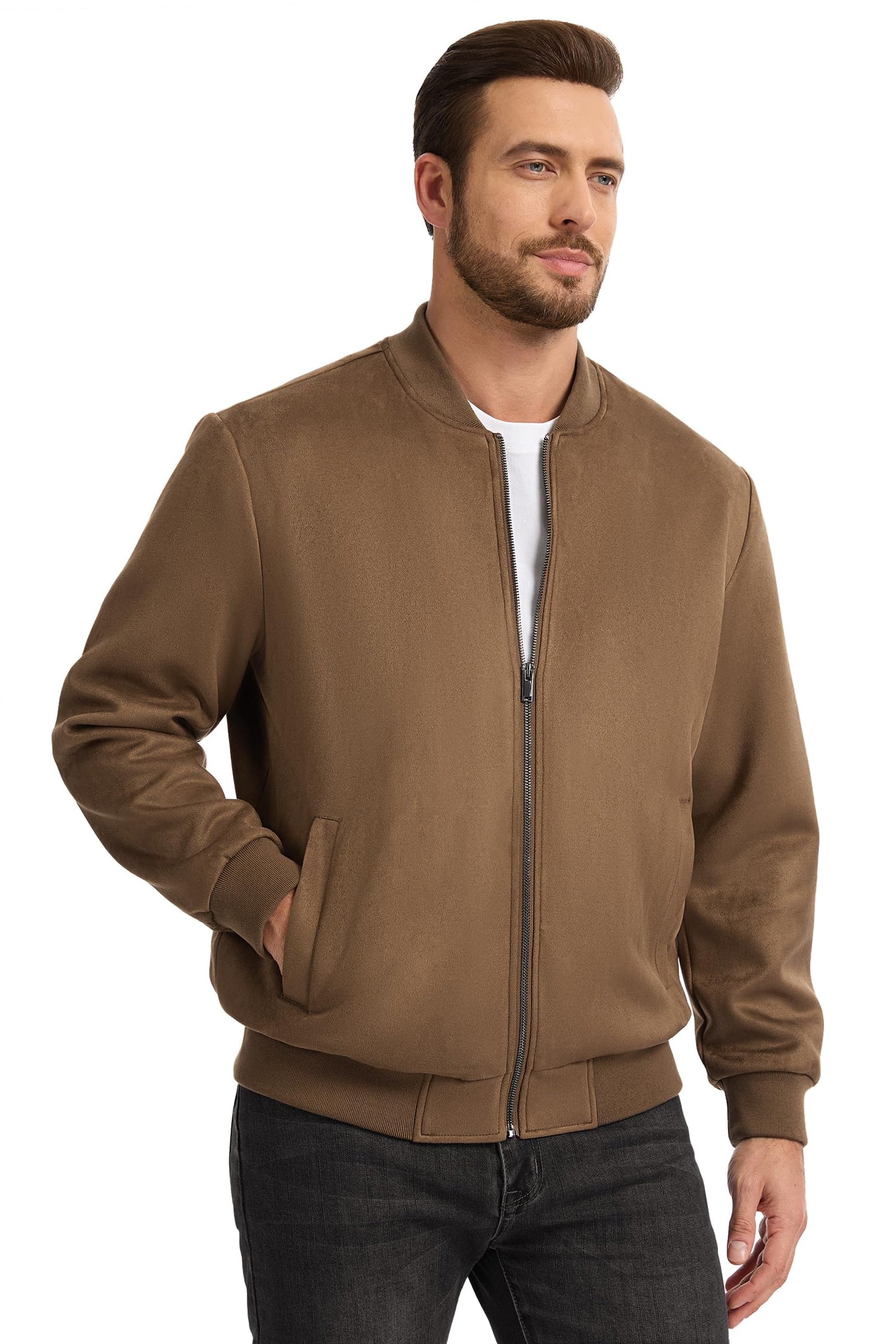 Fahsyee Men's Faux Suede Bomber Jacket, Casual Lightweight Varsity Style Full Zip Up Leather Coat Brown L