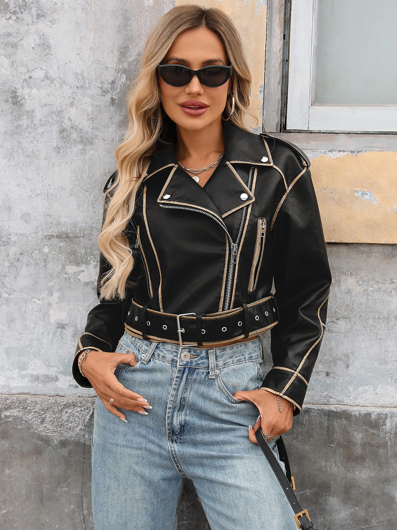 LY VAREY LIN Women Faux Leather Cropped Jacket Lapel Zipper Biker Short Coat with Belt