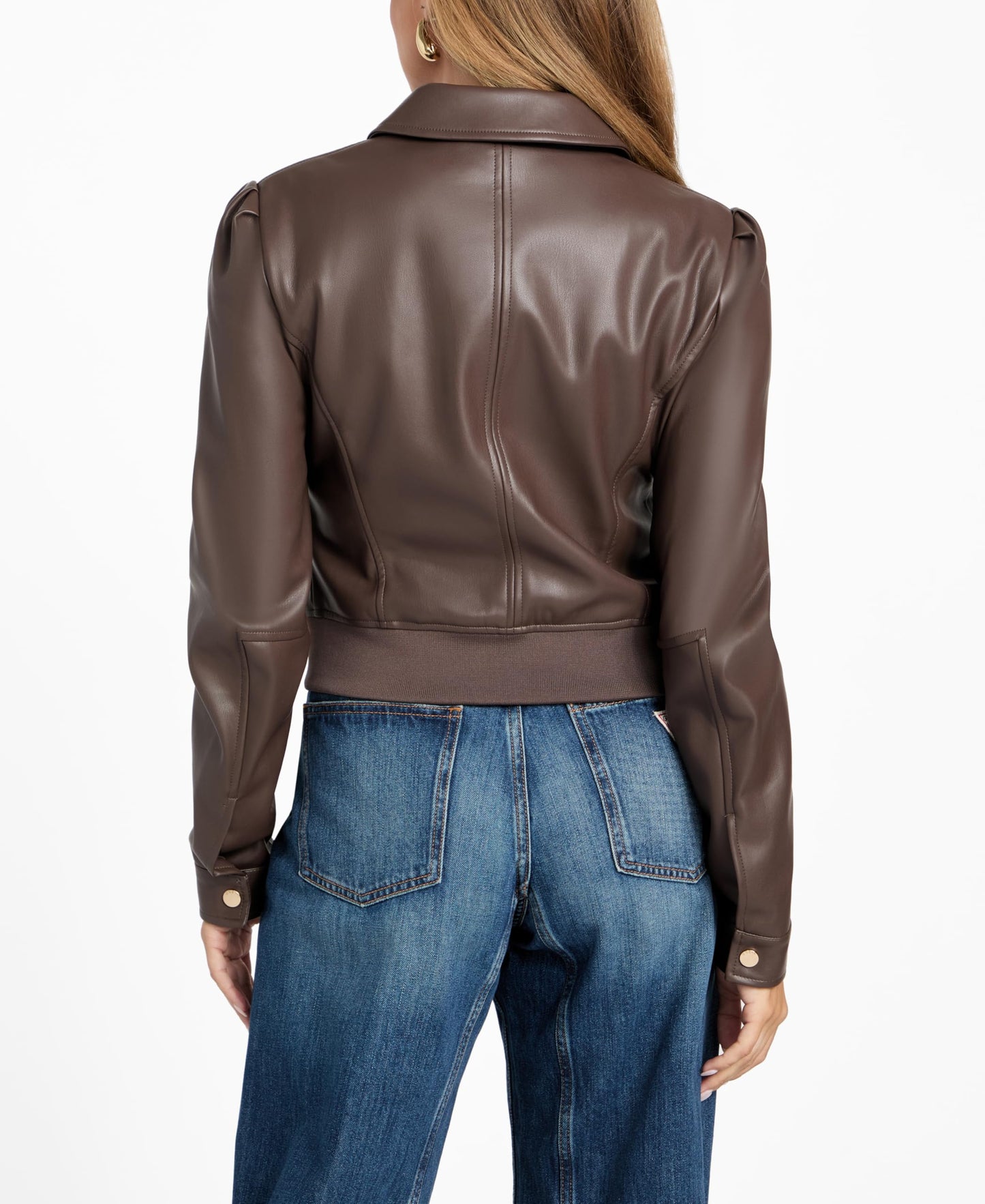 Guess Womens Fancy Zipped Faux Leather Biker Jacket, Chocolate Brownie, Extra Small