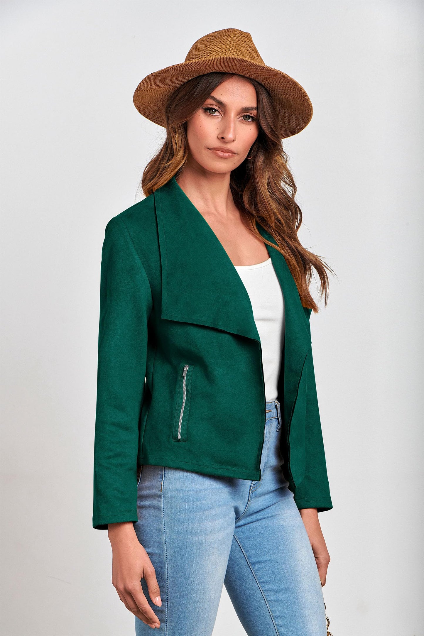 PRETTYGARDEN Women's Faux Suede Jackets 2026 Fashion Fall Clothes Long Sleeve Open Front Cropped Coat Outwear (Dark Green,Large)