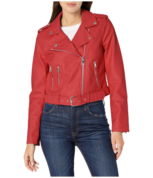 Levi's Women Faux Leather Belted Motorcycle Jacket (Standard and Plus Sizes), Red, Medium