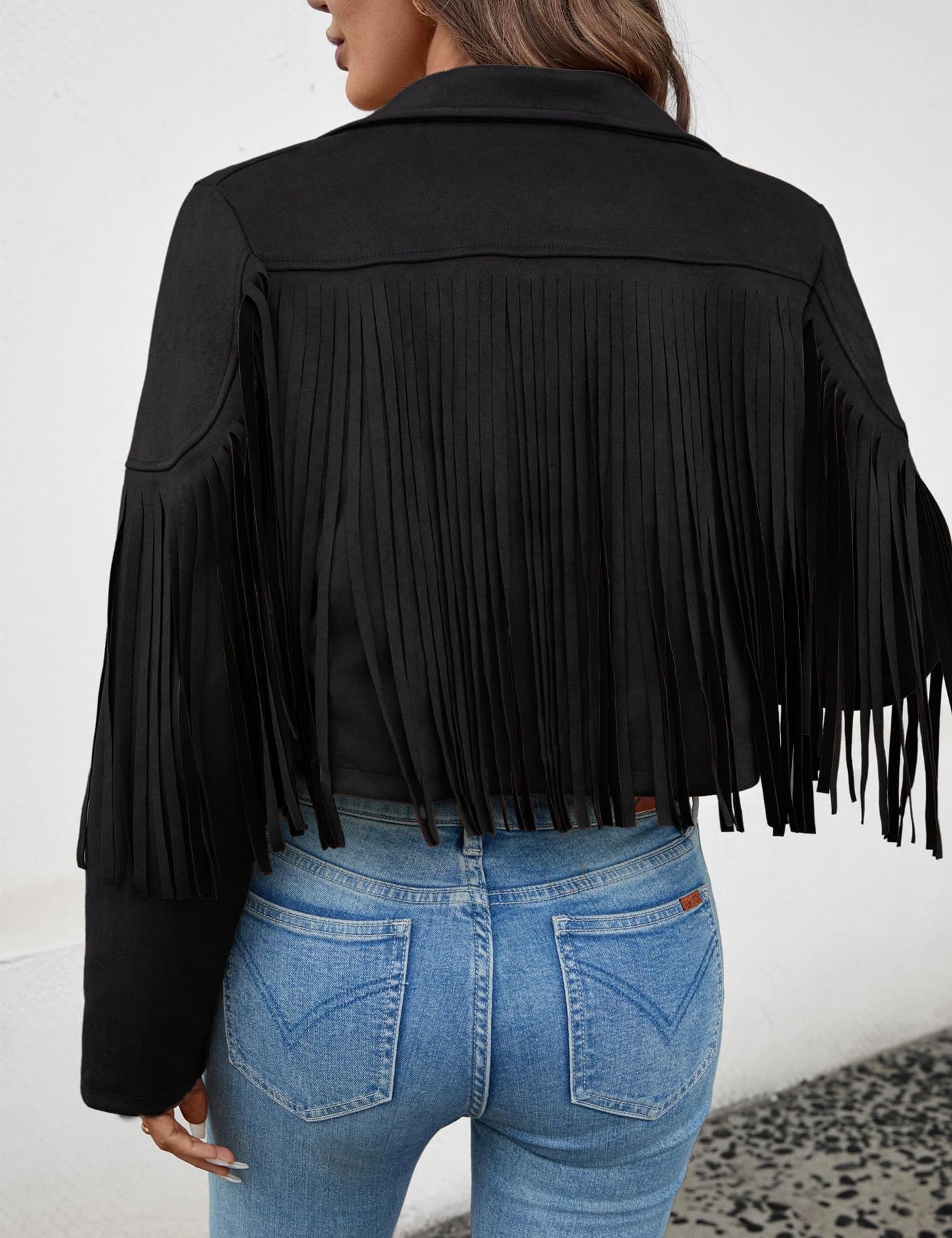 MATEAM Women's Faux Suede Leather Tassel Jackets With Lining Cropped Fringe Coats For Women Cowgirl 2026 Spring Western 80s Outfit Black S