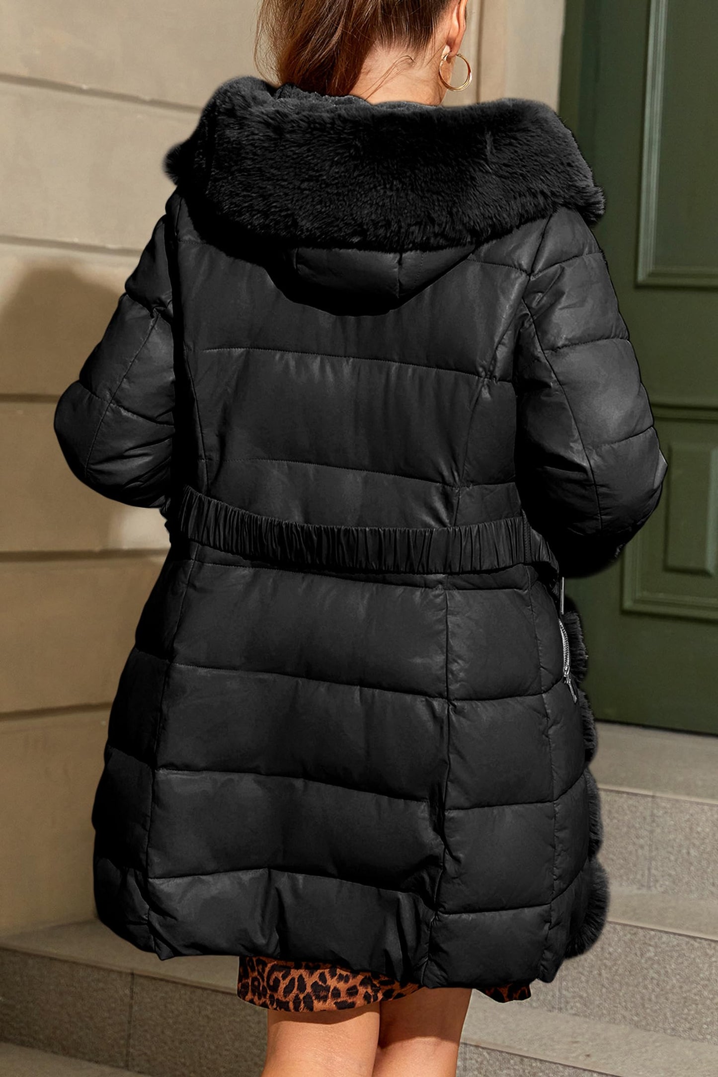 Bellivera Women Faux Leather Winter Trendy puffer jacket water-resistant Thicken Bubble Coat with Fur Hood and Belt 12105 BLACK XL