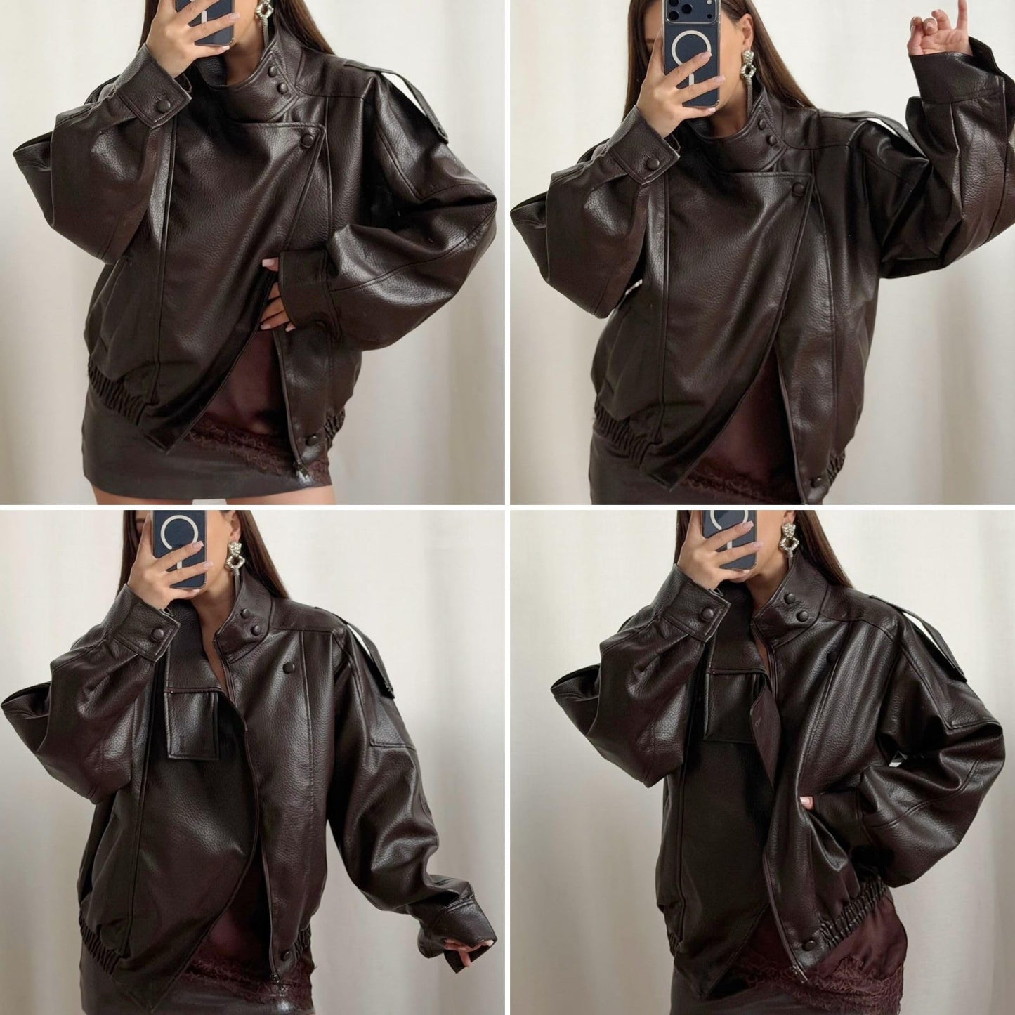 FindThy Women’s Oversized Faux Leather Jacket Casual High Collar Long Sleeve Zip Up Fall Fashion Motorcycle Coats(4201-BrownA1-S-LB)
