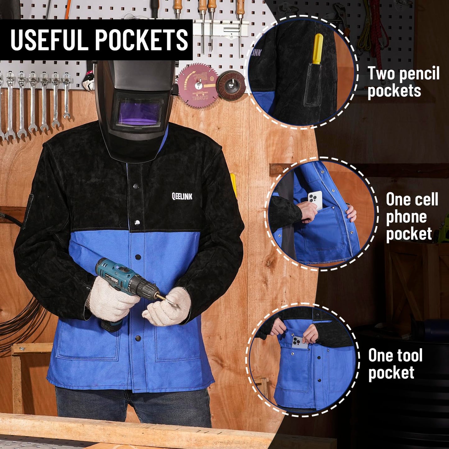 QeeLink Welding Jacket Split Leather Sleeves | Premium Flame Resistant Cotton Body Hybrid Welder Jackets Clothes, X-Large