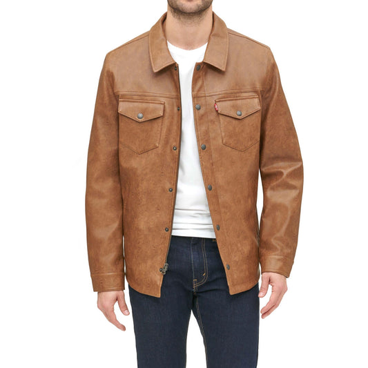 Levi's Men's Leather Shirt Jacket, Saddle Faux Leather, Small