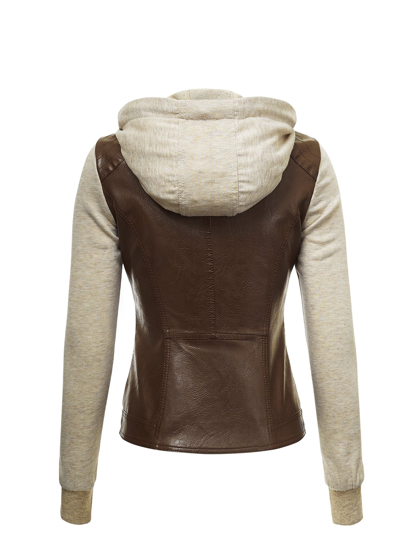 Lock and Love LL WJC1347 Womens Faux Leather Zip Up Moto Biker Jacket with Hoodie M COFFEE_OATMEAL