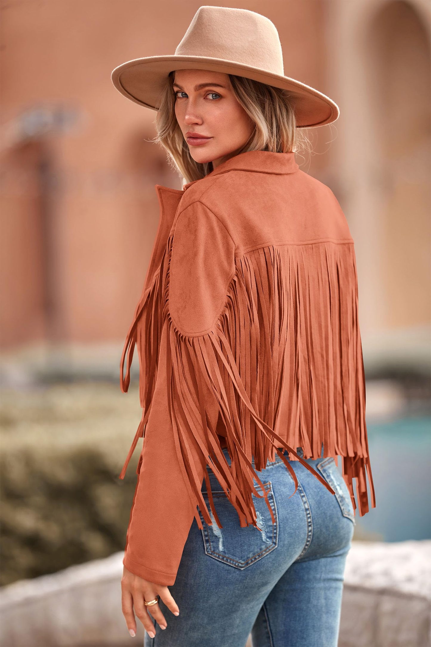 PRETTYGARDEN Women's Fringe Faux Suede Leather Jackets,Orange,XL
