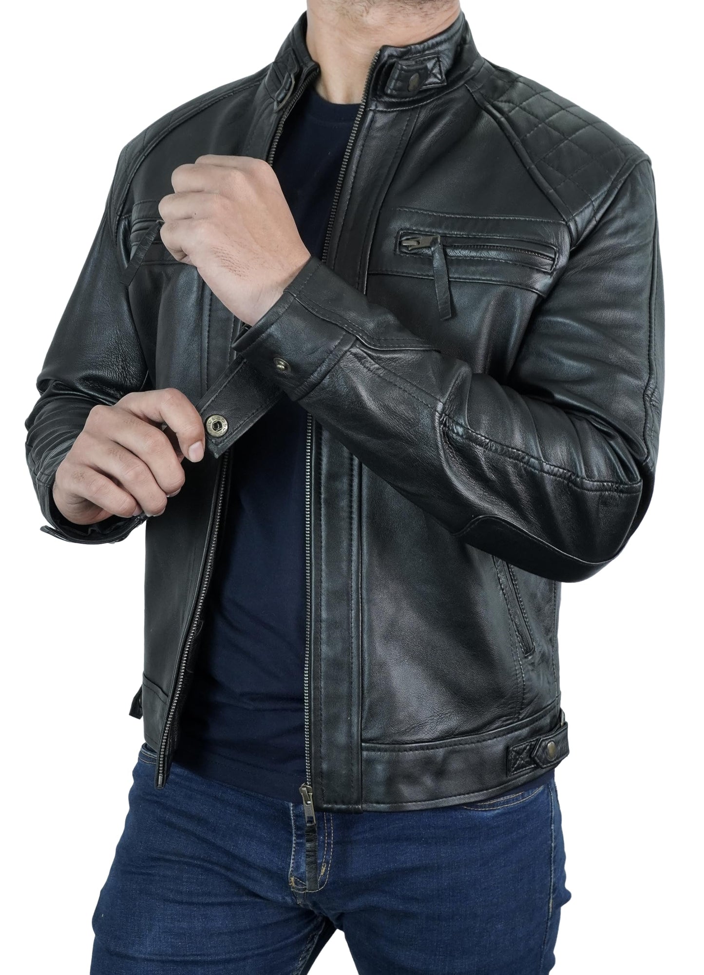 STOREJEES Mens Black Leather Jacket | Diamond Black - XS